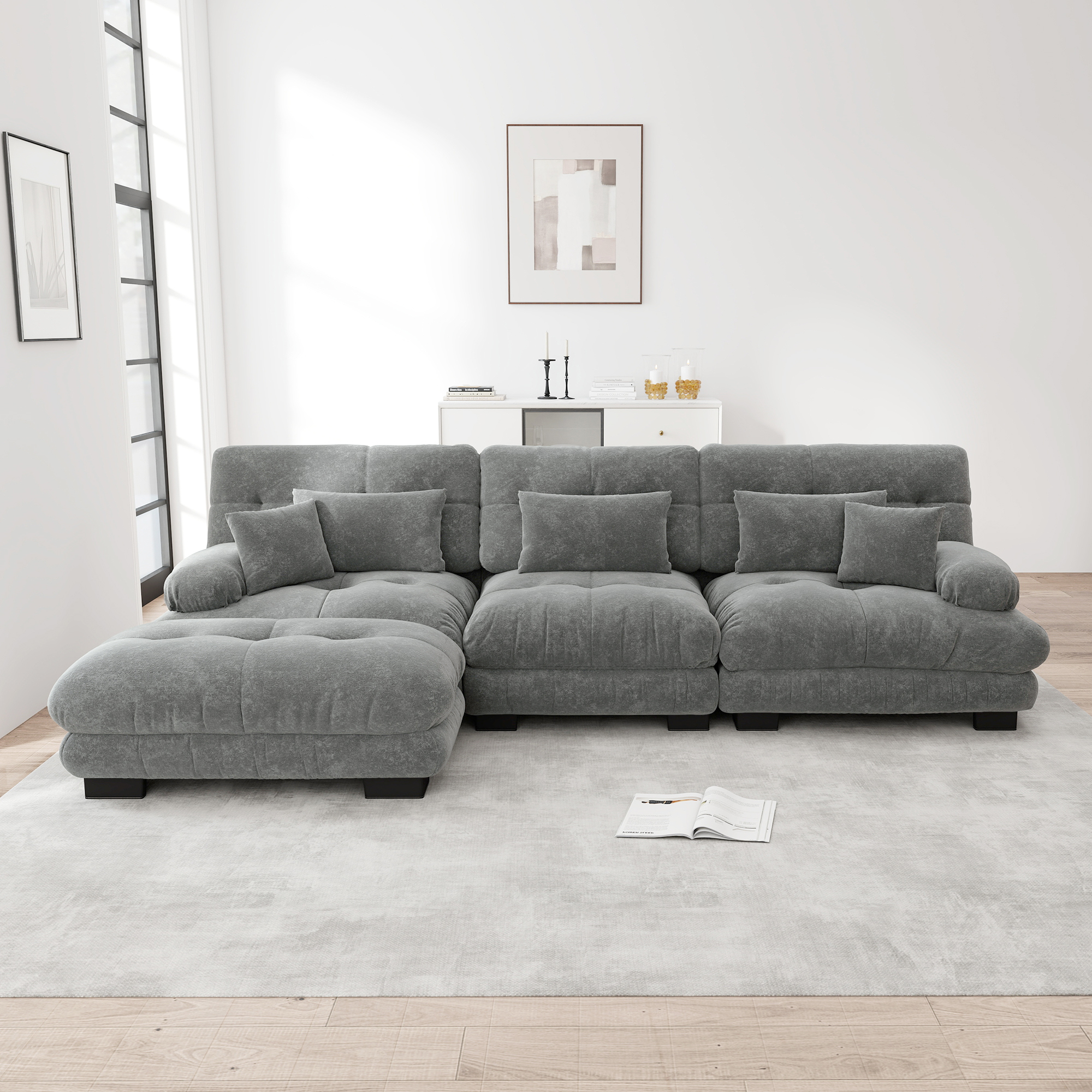Ecksofa - 2-sitzer-sofa - Wohnzimmer-sofa Mit 2 Lendenkissen - 2 Zierkissen - Fußstütze - Chenille - Gepolstertes Sofa Nuage - 313x145x81 Cm - Grau