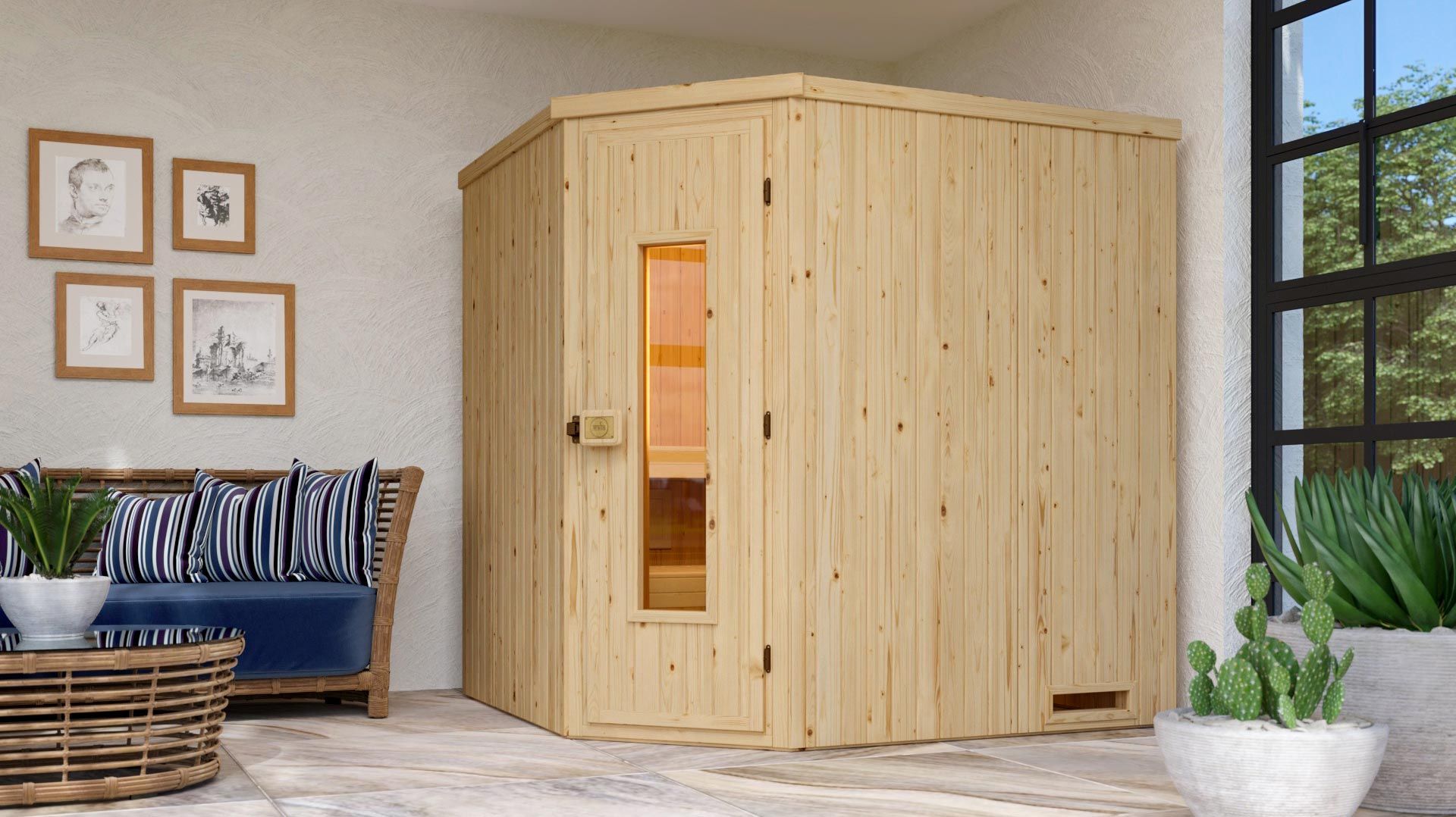 Weka Elementsauna Varberg 2 mit Eckeinstieg-Ganzglastür 7,5 kW Saunaofen OS inkl. Steuerung