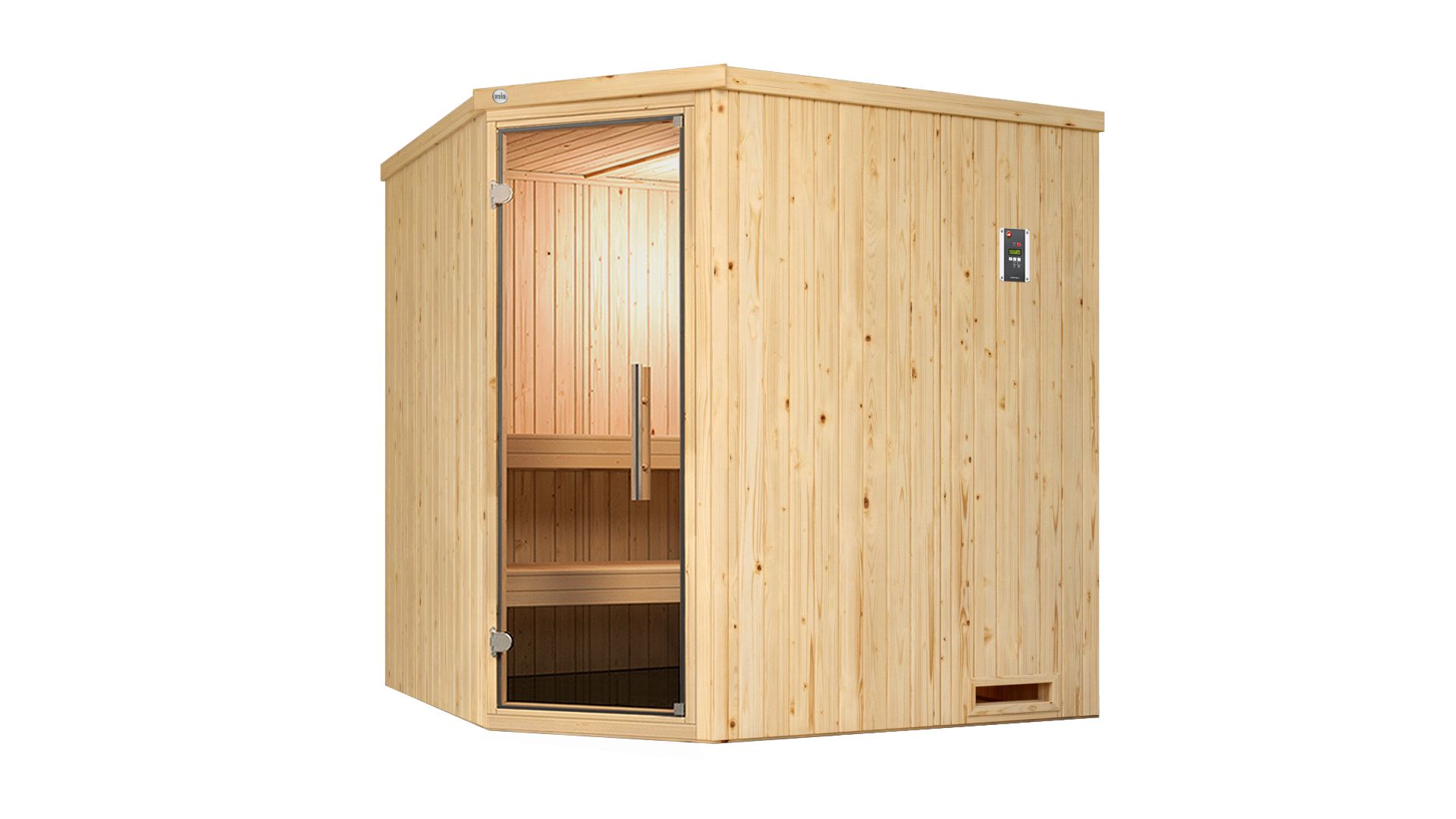 Weka Elementsauna Varberg 2 mit Eckeinstieg-Ganzglastür 7,5 kW Saunaofen OS inkl. Steuerung