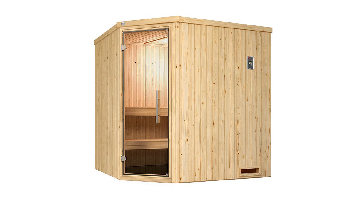 Weka Elementsauna Varberg 2 mit Eckeinstieg-Ganzglastür 7,5 kW Saunaofen OS inkl. Steuerung