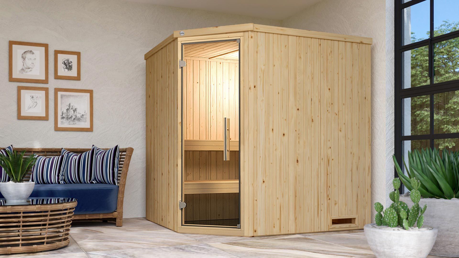Weka Elementsauna Varberg 2 mit Eckeinstieg-Ganzglastür 7,5 kW Saunaofen OS inkl. Steuerung