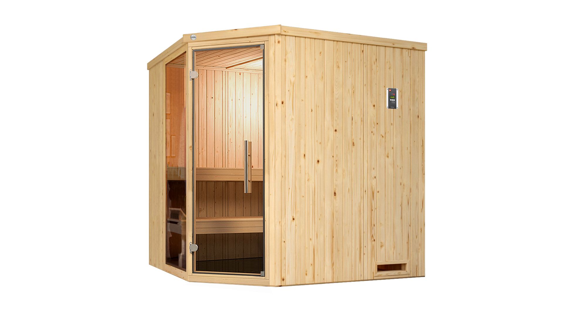 Weka Elementsauna Varberg 2 mit Eckeinstieg-Ganzglastür 7,5 kW Saunaofen OS inkl. Steuerung