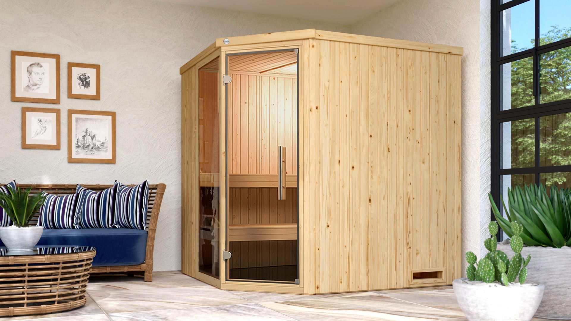 Weka Elementsauna Varberg 2 mit Eckeinstieg-Ganzglastür 7,5 kW Saunaofen OS inkl. Steuerung