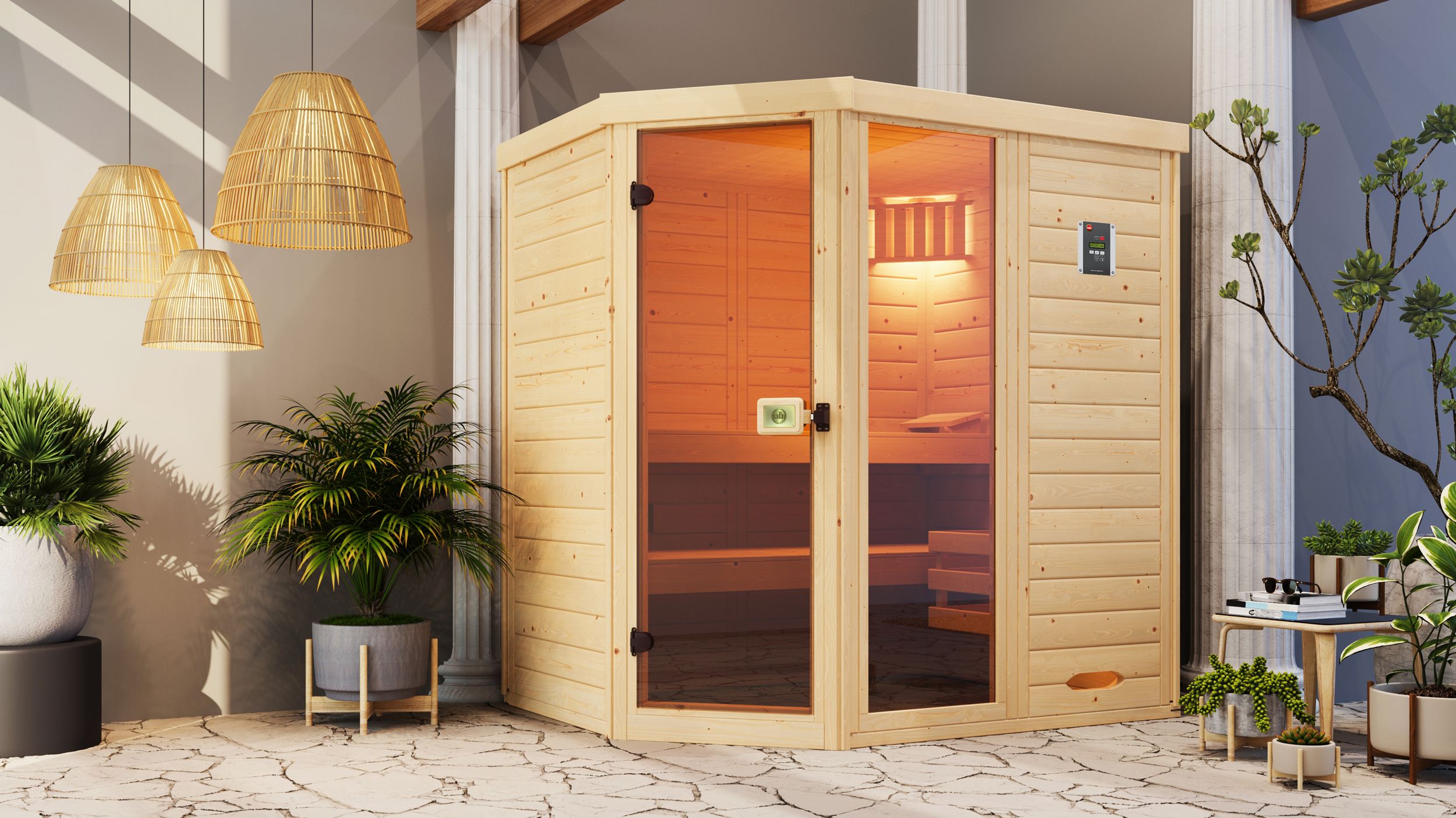Weka Massivholz-Elementsauna Laukkala 2 mit Glastüre+Fenster - 38 mm mit Eckeinstieg 7,5 kW Bio-Kombiofen BioS inkl. Steuerung Ohne Ofen - Gallery 2 Weka Massivholz-Elementsauna Laukkala 2 mit Glastüre+Fenster - 38 mm mit Eckeinstieg 7,5 kW Bio-Kombiofen BioS inkl. Steuerung Ohne Ofen