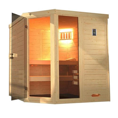 Weka Massivholz-Elementsauna Laukkala 2 mit Glastüre+Fenster - 38 mm mit Eckeinstieg 7,5 kW Bio-Kombiofen BioS inkl. Steuerung Ohne Ofen