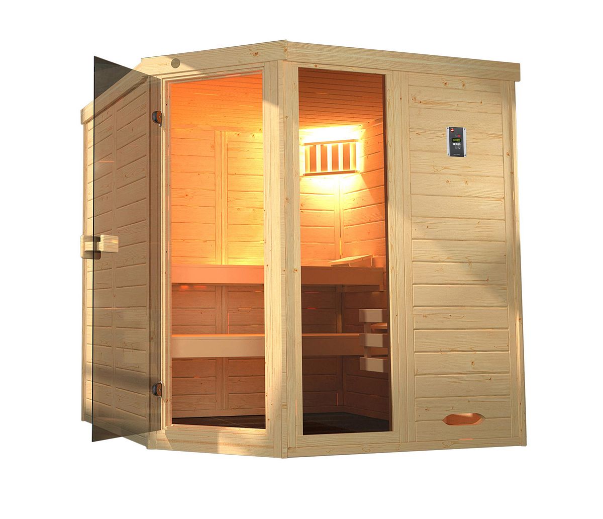 Weka Massivholz-Elementsauna Laukkala 2 mit Glastüre+Fenster - 38 mm mit Eckeinstieg 7,5 kW Bio-Kombiofen BioS inkl. Steuerung Ohne Ofen Weka Massivholz-Elementsauna Laukkala 2 mit Glastüre+Fenster - 38 mm mit Eckeinstieg 7,5 kW Bio-Kombiofen BioS inkl. Steuerung Ohne Ofen