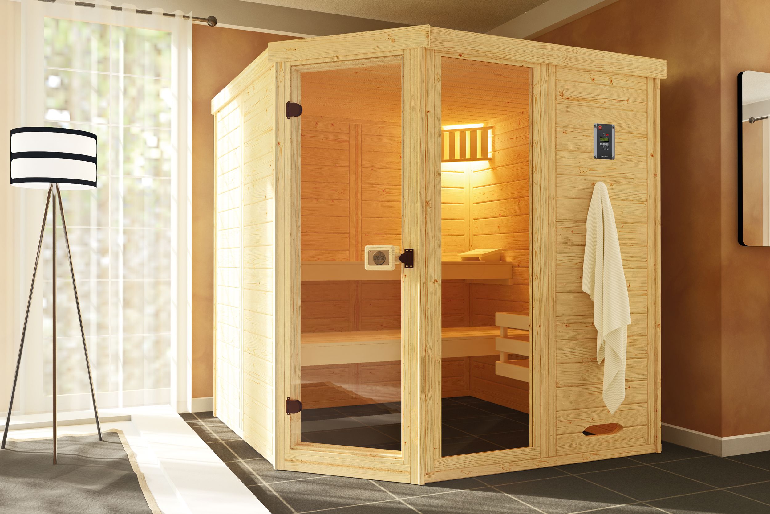 Weka Massivholz-Elementsauna Laukkala 3 mit Glastür+Fenster - 38 mm mit Eckeinstieg 9 kW Kompaktofen mit integrierter Steuerung - Gallery 2 Weka Massivholz-Elementsauna Laukkala 3 mit Glastür+Fenster - 38 mm mit Eckeinstieg 9 kW Kompaktofen mit integrierter Steuerung