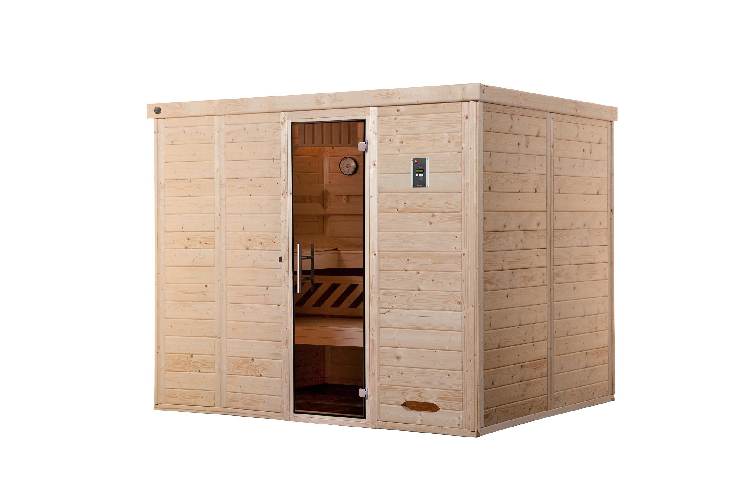 Weka Premium Massivholz-Elementsauna Kemi 5 mit Glastür - 45 mm 7,5 kW Saunaofen OS inkl. Steuerung