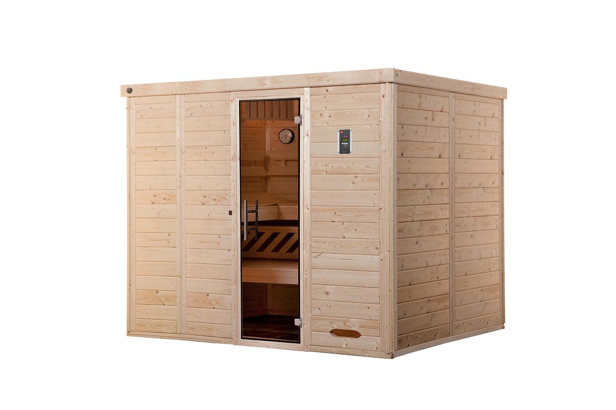 Weka Premium Massivholz-Elementsauna Kemi 5 mit Glastür - 45 mm 7,5 kW Saunaofen OS inkl. Steuerung