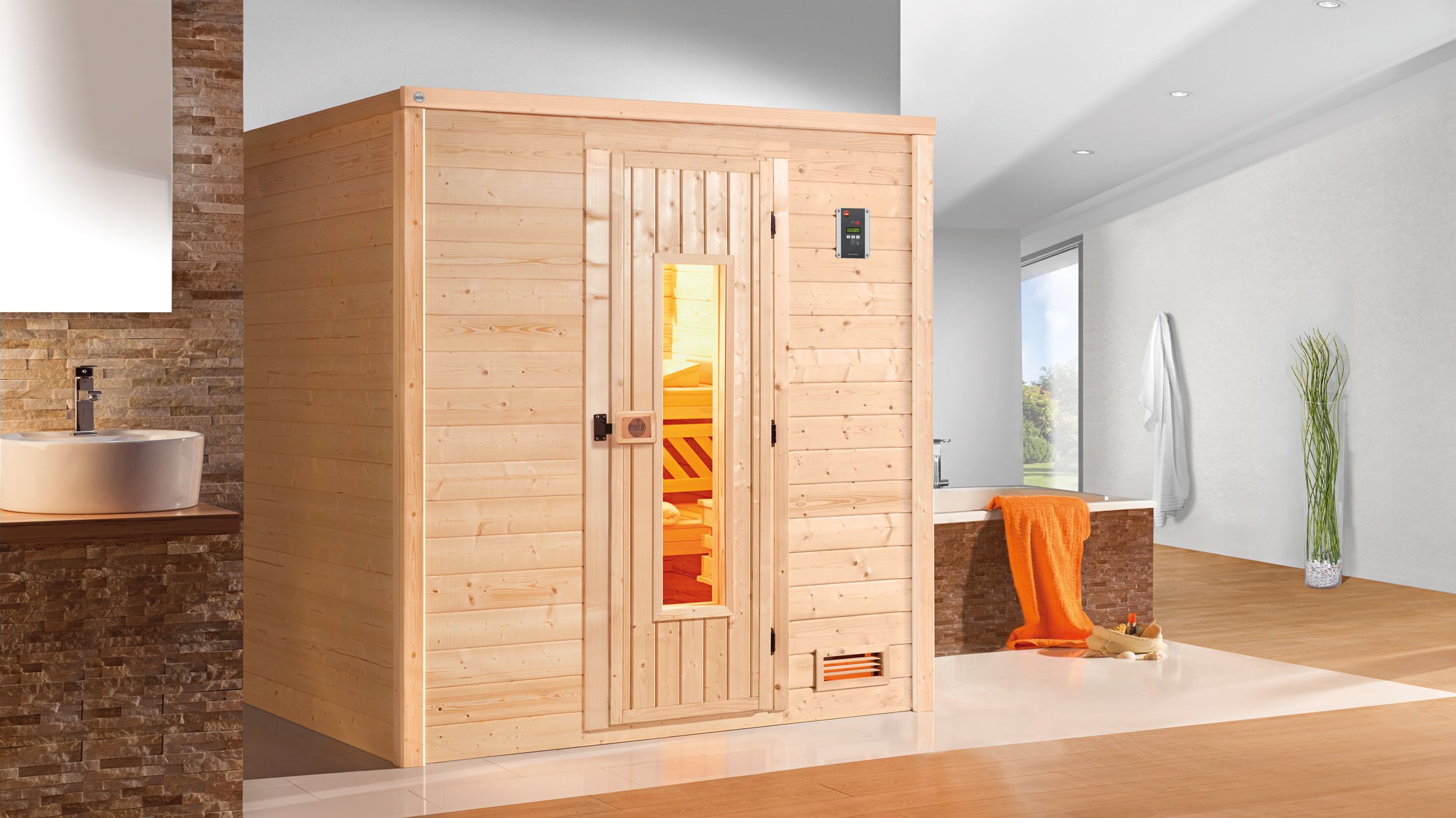 Weka Premium Massivholzsauna Bergen 1 - 45 mm Massivholztür u. Glaseinsatz 7,5 kW Bio-Kombiofen BioS inkl. Steuerung