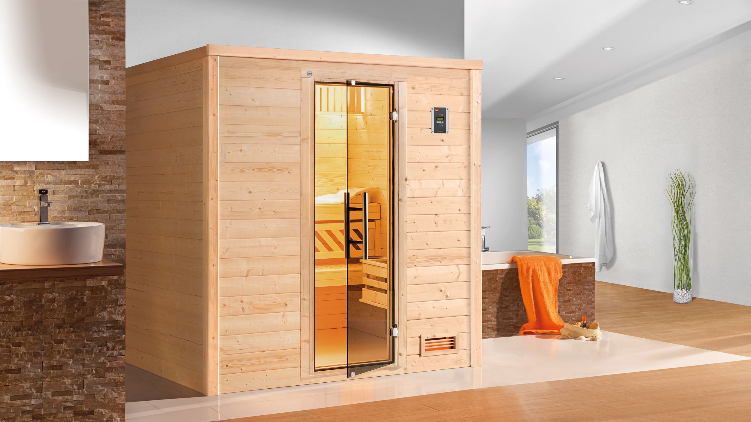 Weka Premium Massivholzsauna Bergen 1 - 45 mm Massivholztür u. Glaseinsatz 7,5 kW Bio-Kombiofen BioS inkl. Steuerung