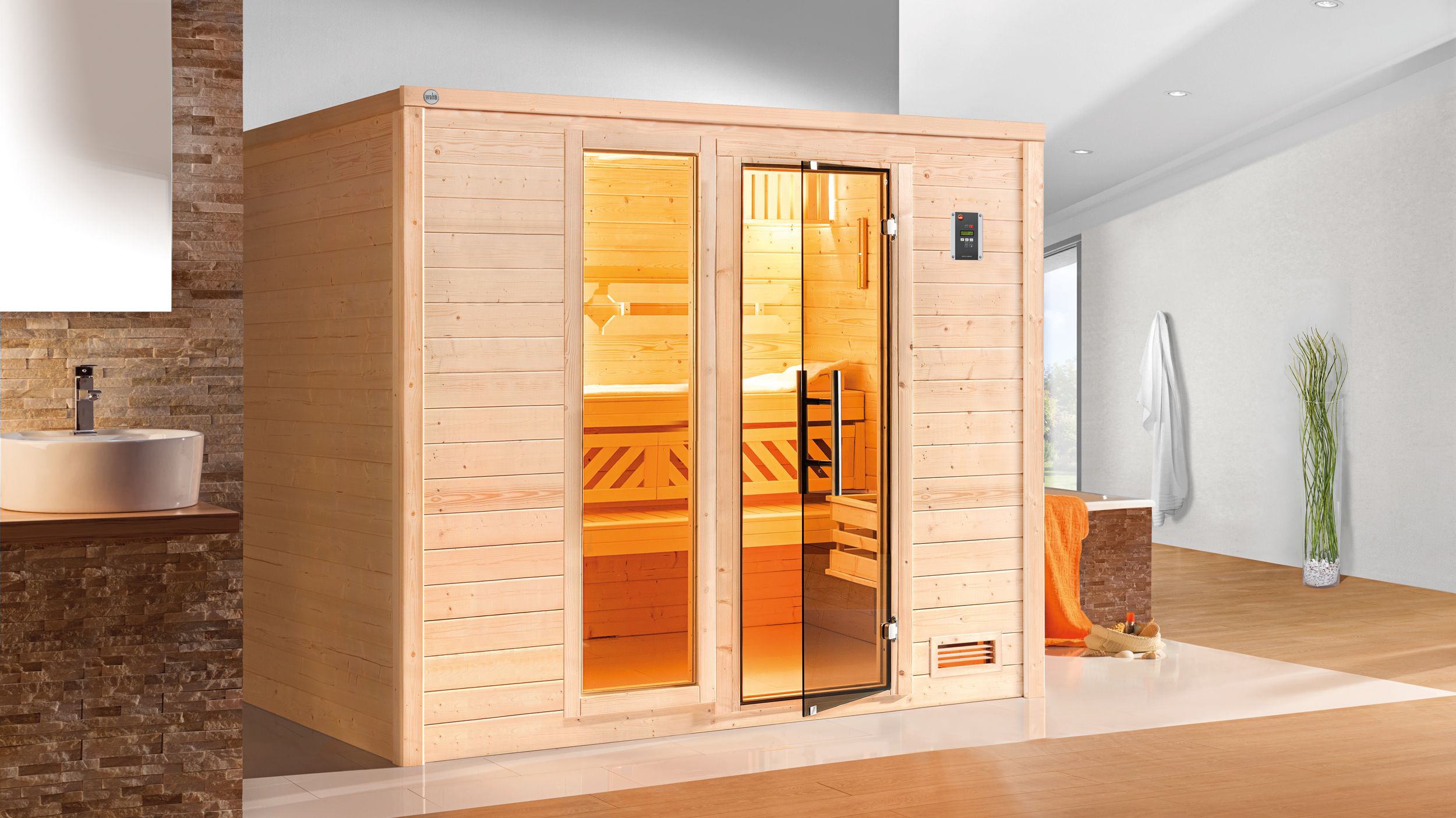 Weka Premium Massivholzsauna Bergen 1 - 45 mm Massivholztür u. Glaseinsatz 7,5 kW Bio-Kombiofen BioS inkl. Steuerung