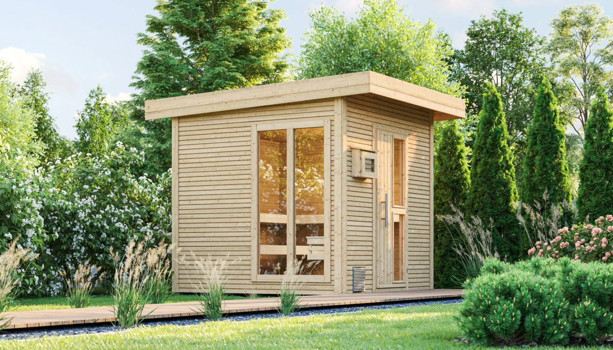 Weka Blockbohlen Saunahaus Kuopio – 45 mm Blockbohlennaturbelassen Inkl. bodentiefem Fenster 9 kW Bio Saunaofen BioS inkl. Dampfbadfunktion mit Ofenschutz, Anschlusskabel, analoger Steuerung