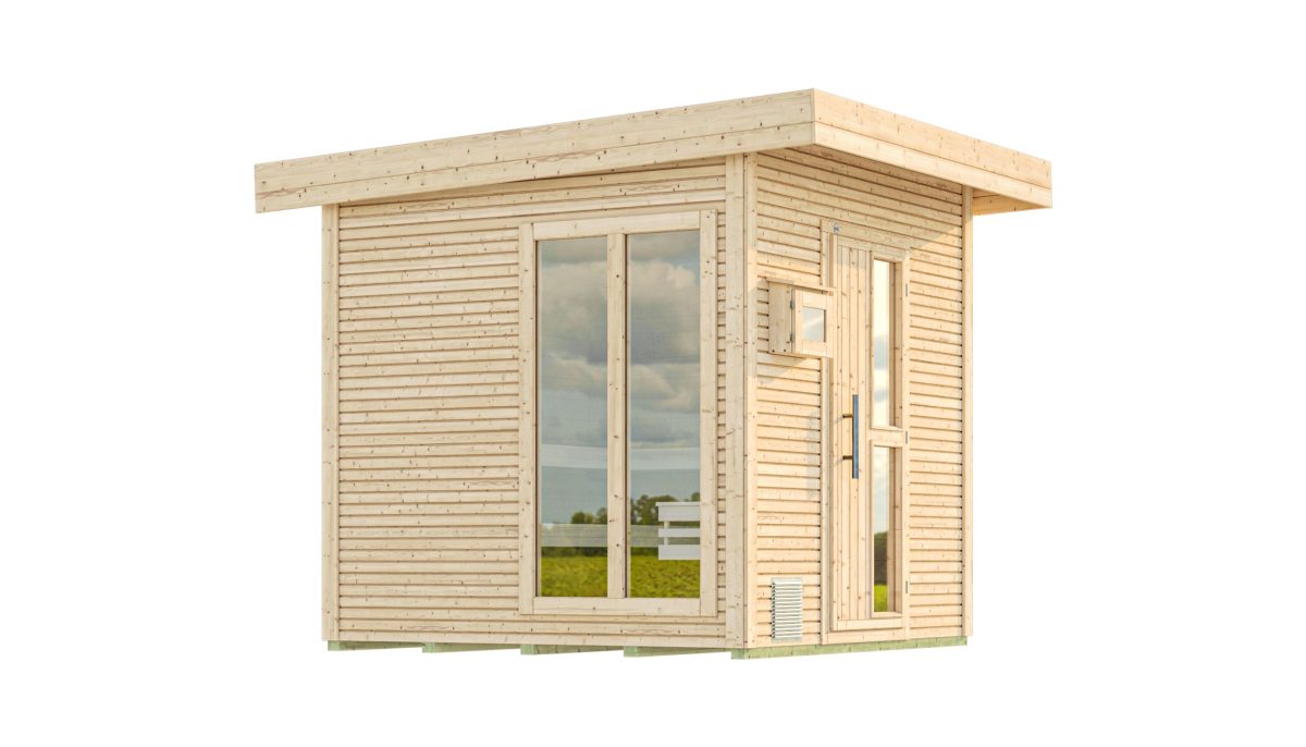Weka Blockbohlen Saunahaus Kuopio – 45 mm Blockbohlennaturbelassen Inkl. bodentiefem Fenster 9 kW Bio Saunaofen BioS inkl. Dampfbadfunktion mit Ofenschutz, Anschlusskabel, analoger Steuerung