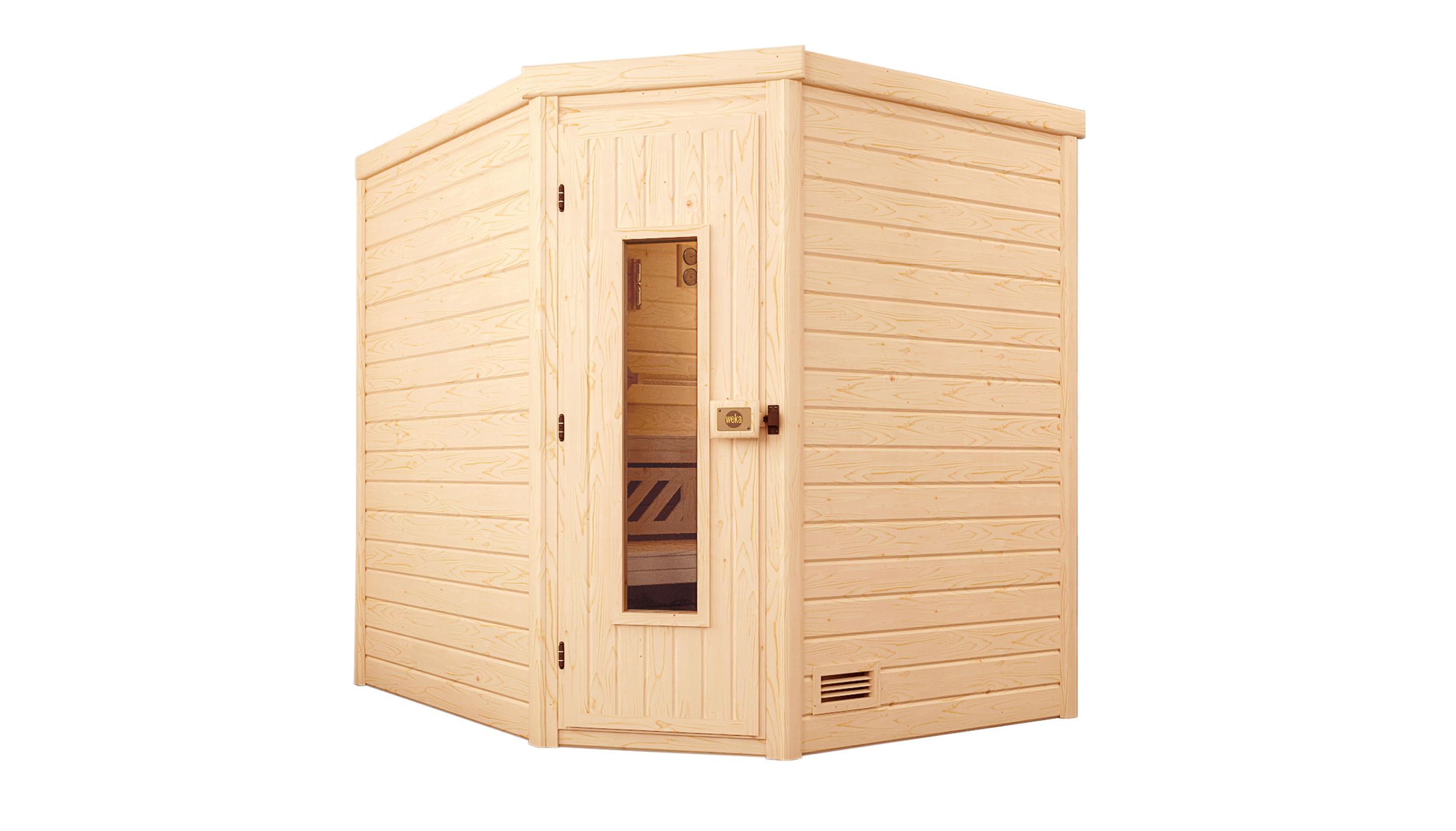 Weka Premium Massivholzsauna Turku 2 - 45mm Eckeinstieg-9,0 kW Saunaofen OS inkl. Steuerung- Ganzglastür und Fensterelement - Gallery 6 Weka Premium Massivholzsauna Turku 2 - 45mm Eckeinstieg-9,0 kW Saunaofen OS inkl. Steuerung- Ganzglastür und Fensterelement
