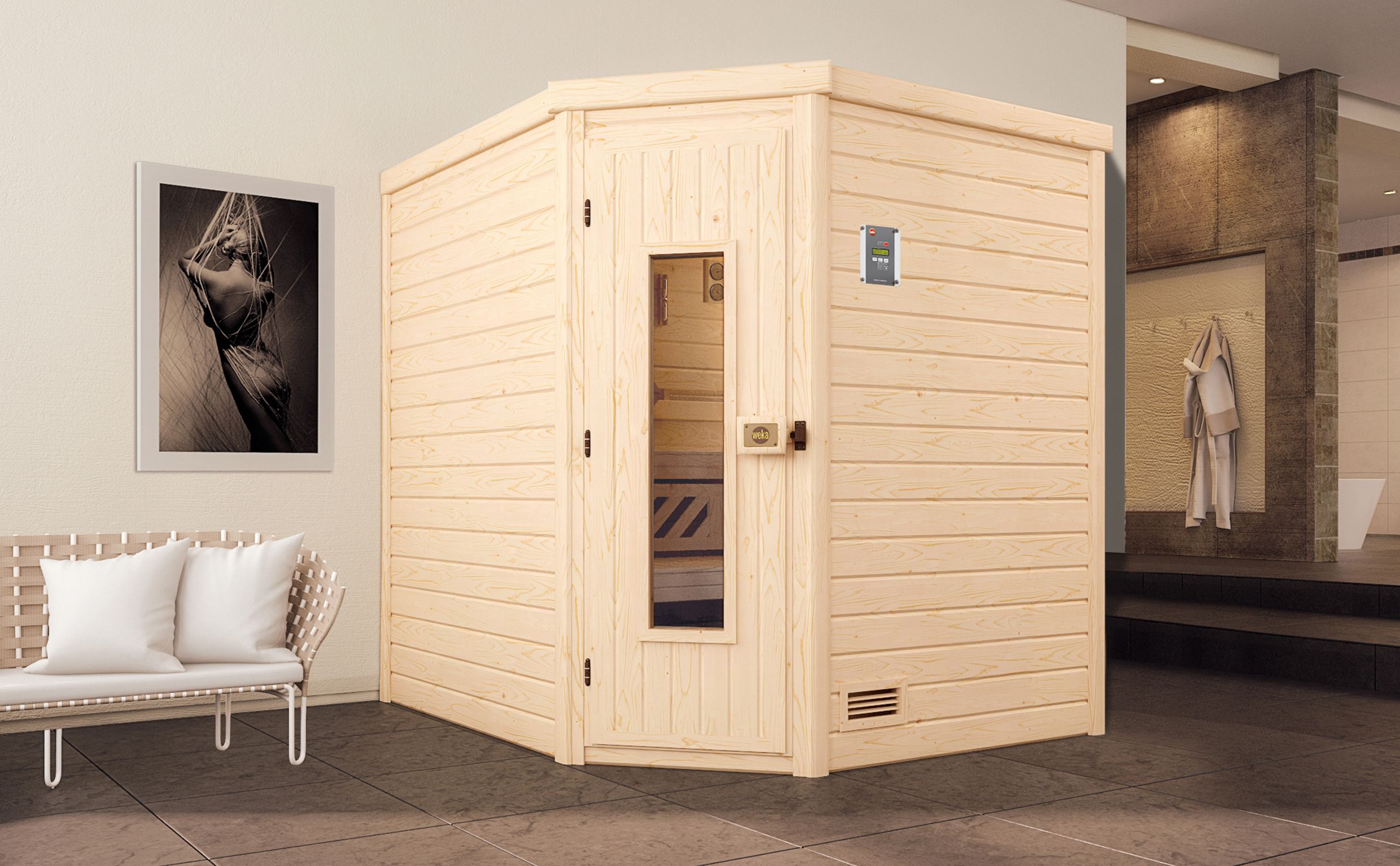 Weka Premium Massivholzsauna Turku 2 - 45mm Eckeinstieg-9,0 kW Saunaofen OS inkl. Steuerung- Ganzglastür und Fensterelement - Gallery 4 Weka Premium Massivholzsauna Turku 2 - 45mm Eckeinstieg-9,0 kW Saunaofen OS inkl. Steuerung- Ganzglastür und Fensterelement