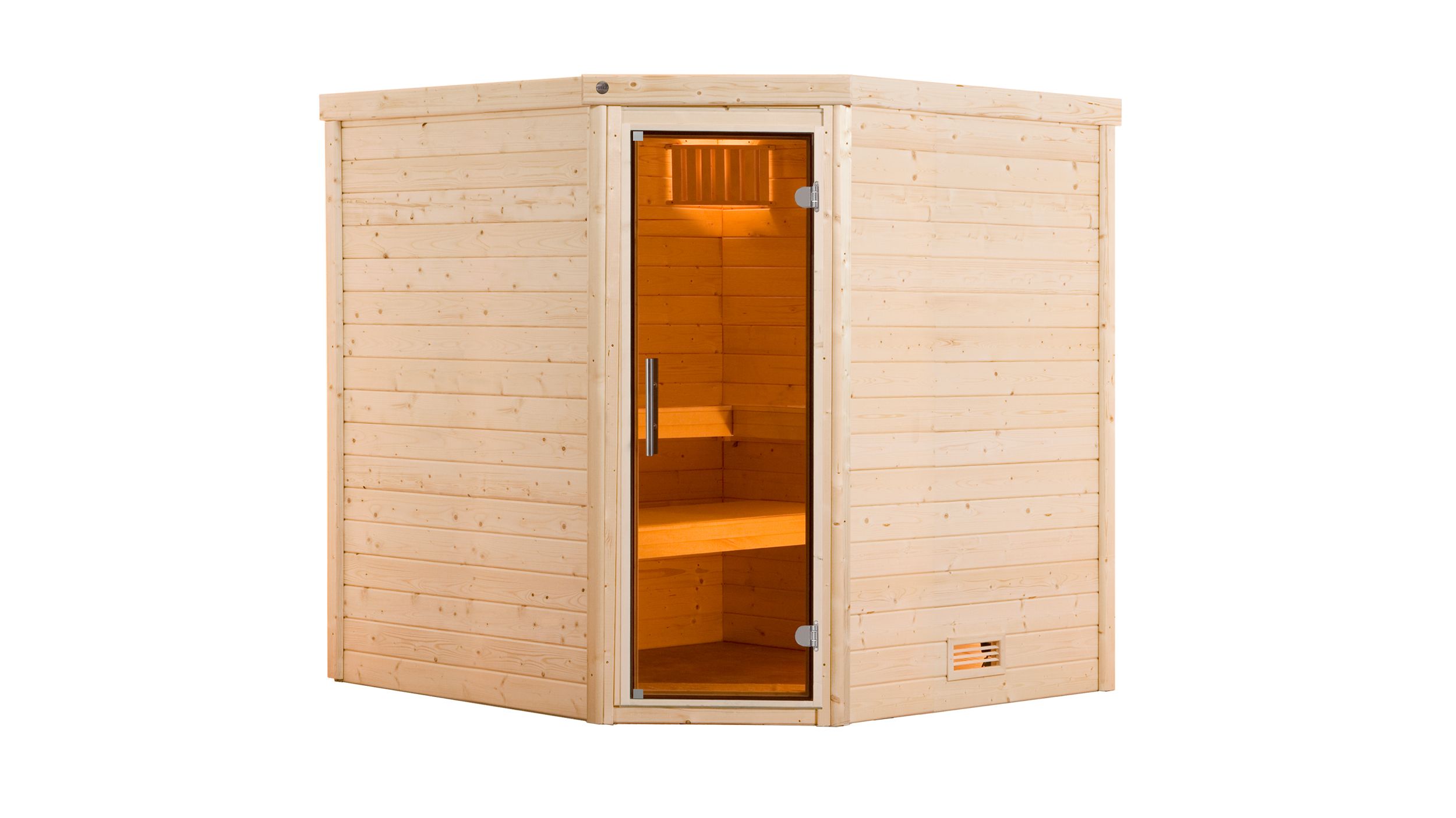 Weka Premium Massivholzsauna Turku 2 - 45mm Eckeinstieg-9,0 kW Saunaofen OS inkl. Steuerung- Ganzglastür und Fensterelement - Gallery 5 Weka Premium Massivholzsauna Turku 2 - 45mm Eckeinstieg-9,0 kW Saunaofen OS inkl. Steuerung- Ganzglastür und Fensterelement
