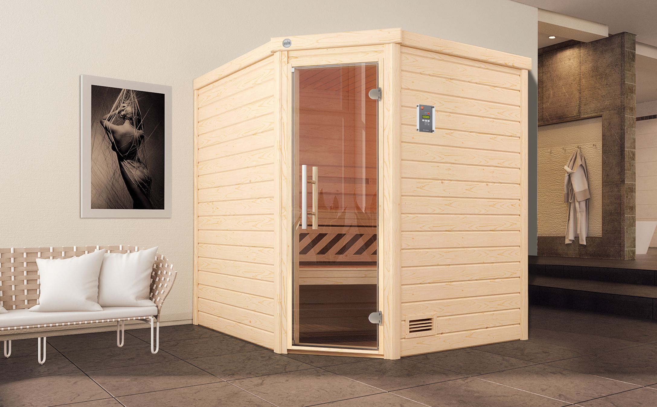 Weka Premium Massivholzsauna Turku 2 - 45mm Eckeinstieg-9,0 kW Saunaofen OS inkl. Steuerung- Ganzglastür und Fensterelement - Gallery 2 Weka Premium Massivholzsauna Turku 2 - 45mm Eckeinstieg-9,0 kW Saunaofen OS inkl. Steuerung- Ganzglastür und Fensterelement