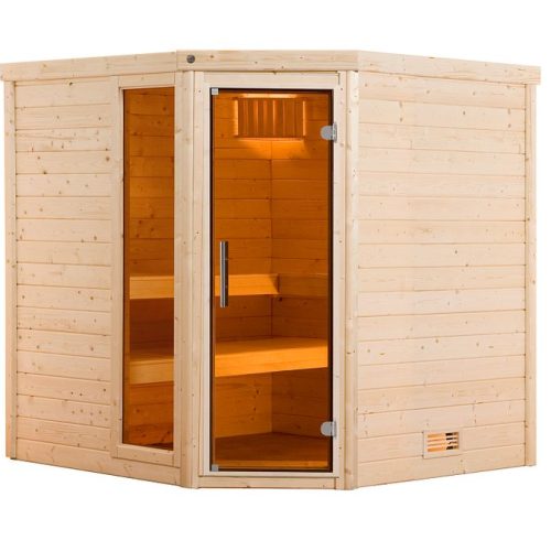 Weka Premium Massivholzsauna Turku 2 - 45mm Eckeinstieg-9,0 kW Saunaofen OS inkl. Steuerung- Ganzglastür und Fensterelement
