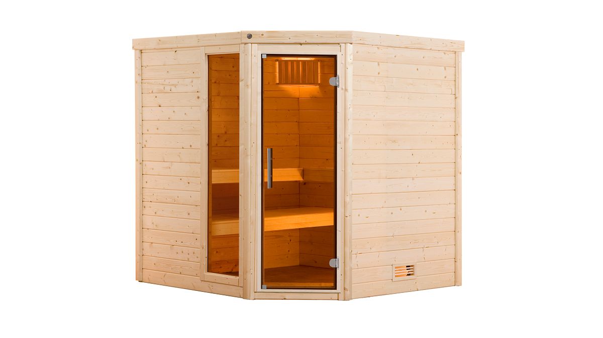 Weka Premium Massivholzsauna Turku 2 - 45mm Eckeinstieg-9,0 kW Saunaofen OS inkl. Steuerung- Ganzglastür und Fensterelement Weka Premium Massivholzsauna Turku 2 - 45mm Eckeinstieg-9,0 kW Saunaofen OS inkl. Steuerung- Ganzglastür und Fensterelement