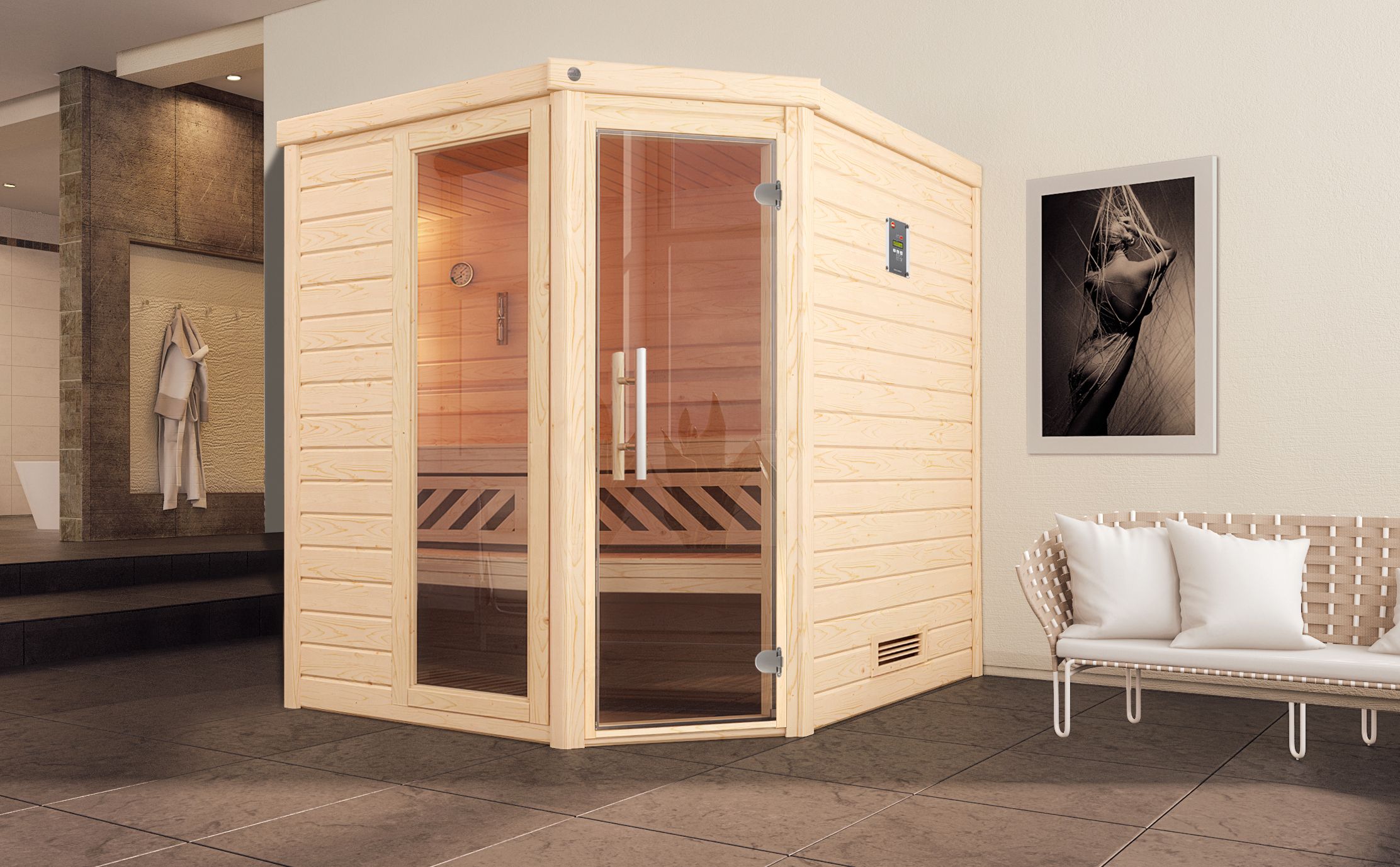 Weka Premium Massivholzsauna Turku 2 - 45mm Eckeinstieg-9,0 kW Saunaofen OS inkl. Steuerung- Ganzglastür und Fensterelement - Gallery 3 Weka Premium Massivholzsauna Turku 2 - 45mm Eckeinstieg-9,0 kW Saunaofen OS inkl. Steuerung- Ganzglastür und Fensterelement