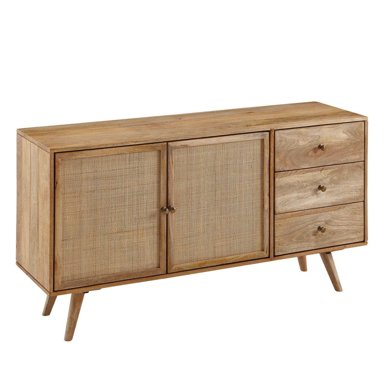 Design Sideboard 140x75x40 cm Mango Massivholz / Rattan, Kommode 3 Schubladen, Hoher Kommodenschrank Holz Massiv, Standschrank Wohnzimmer, 2 Türfächer Rohrgeflecht Design Sideboard 140x75x40 cm Mango Massivholz / Rattan, Kommode 3 Schubladen, Hoher Kommodenschrank Holz Massiv, Standschrank Wohnzimmer, 2 Türfächer Rohrgeflecht