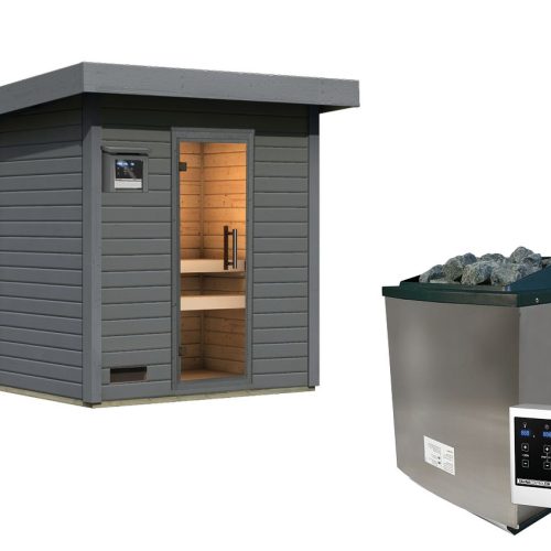 Karibu Gartensauna Saunahaus Caapi 2 terragrau Ganzglas Saunatür 9 kW Ofen inkl. Steuergerät