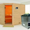 Massivholzsauna TANAMI 231 x 196 m 38 mm 9.0 kW Ofen inkl. Steuergerät ohne Dachkranz