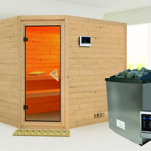 Massivholzsauna TANAMI 231 x 196 m 38 mm 9.0 kW Ofen inkl. Steuergerät ohne Dachkranz