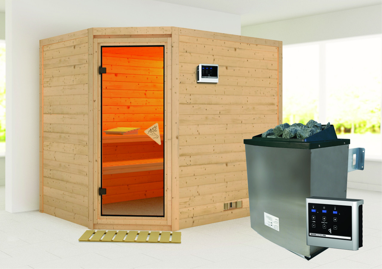 Massivholzsauna TANAMI 231 x 196 m 38 mm 9.0 kW Ofen inkl. Steuergerät ohne Dachkranz