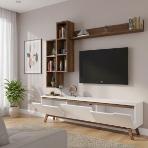 Fernsehschrank Dleonard, Ständer Für Wohnzimmerfernseher, Niedriges Wohnzimmer-sideboard, Tv-ständerbasis, 180x35h49 Cm, Weiß Und Walnuss – Dmora