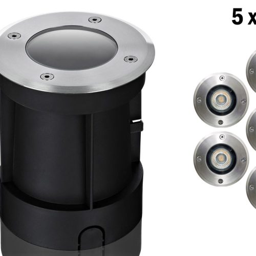 5er Boden LED Einbaustrahler Set IP67 rund mit Marken GU10 LED Spot Kanlux IQ-LEDDIM 7 W dimmbar