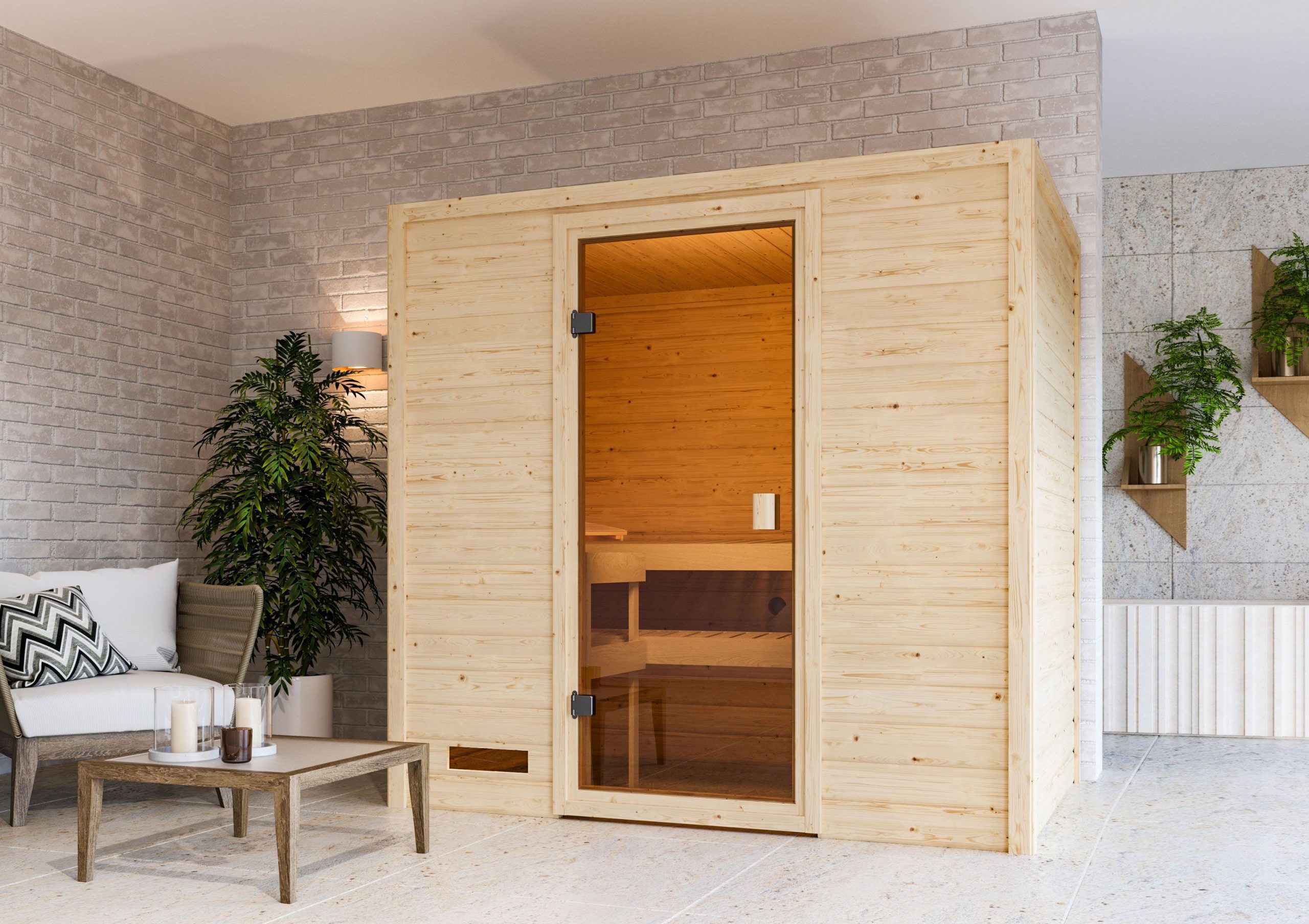 Karibu Woodfeeling Sauna Selena - 38 mm Bronzierte Ganzglastür Ohne Dachkranz 3,6 kW Plug&Play Ofen integr. Steuerung