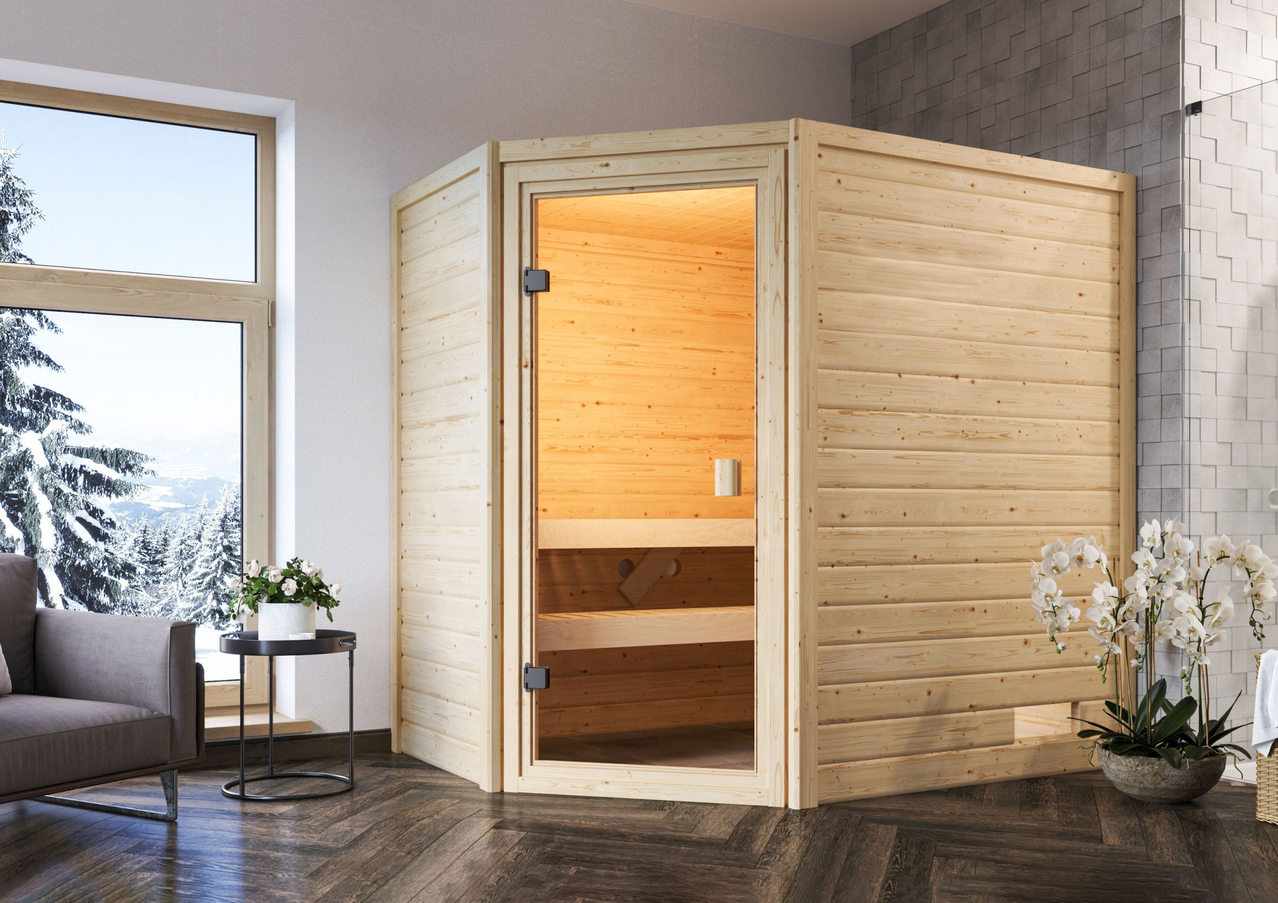 Karibu Woodfeeling Sauna Jella - 38 mm Bronzierte Ganzglastür Inkl. Dachkranz 3,6 kW Plug&Play Ofen inkl. Steuergerät