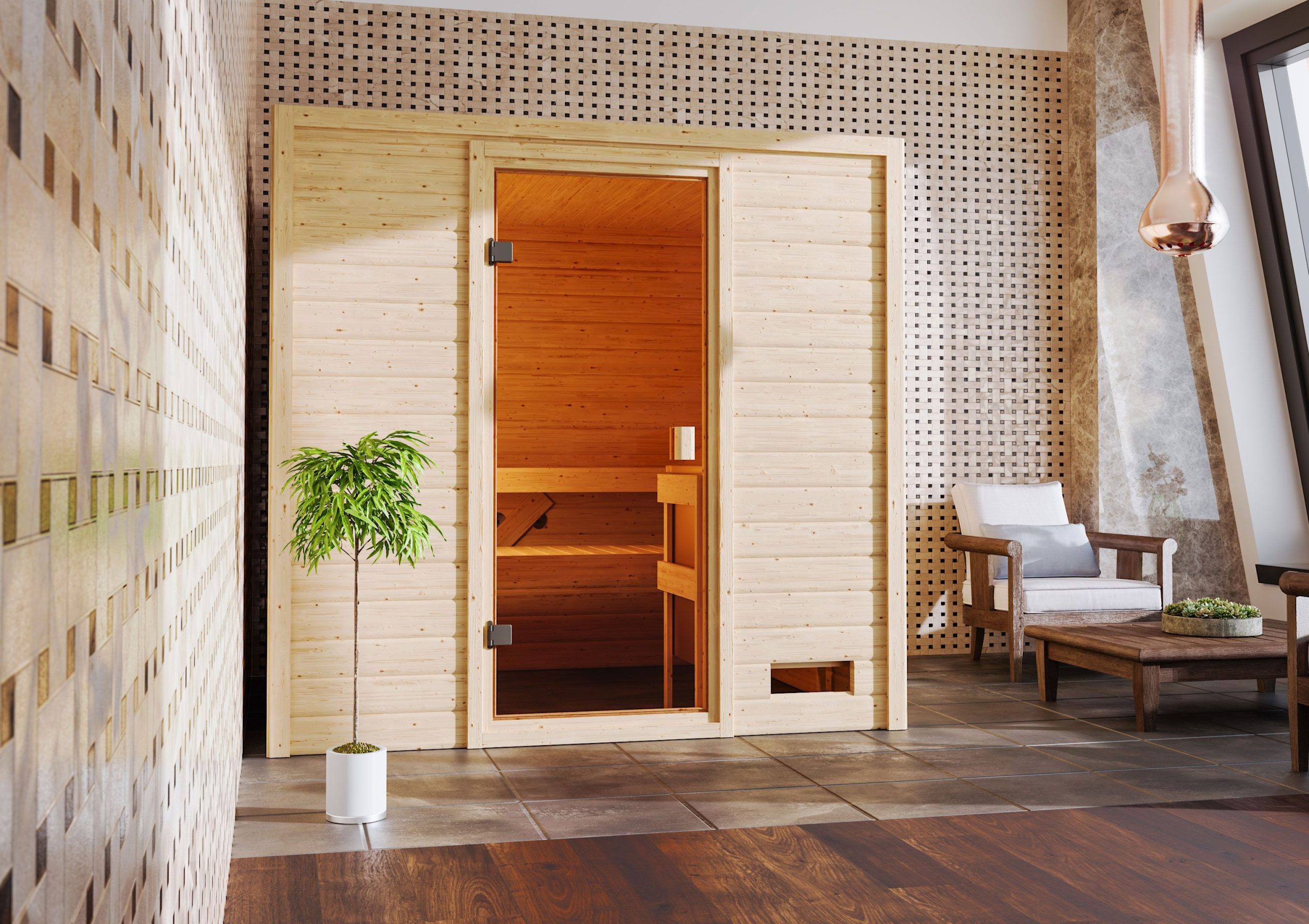 Karibu Woodfeeling Sauna Adelina - 38 mm Bronzierte Ganzglastür Ohne Dachkranz 9 kW Bio-Kombiofen inkl. Steuergerät - Gallery 2 Karibu Woodfeeling Sauna Adelina - 38 mm Bronzierte Ganzglastür Ohne Dachkranz 9 kW Bio-Kombiofen inkl. Steuergerät
