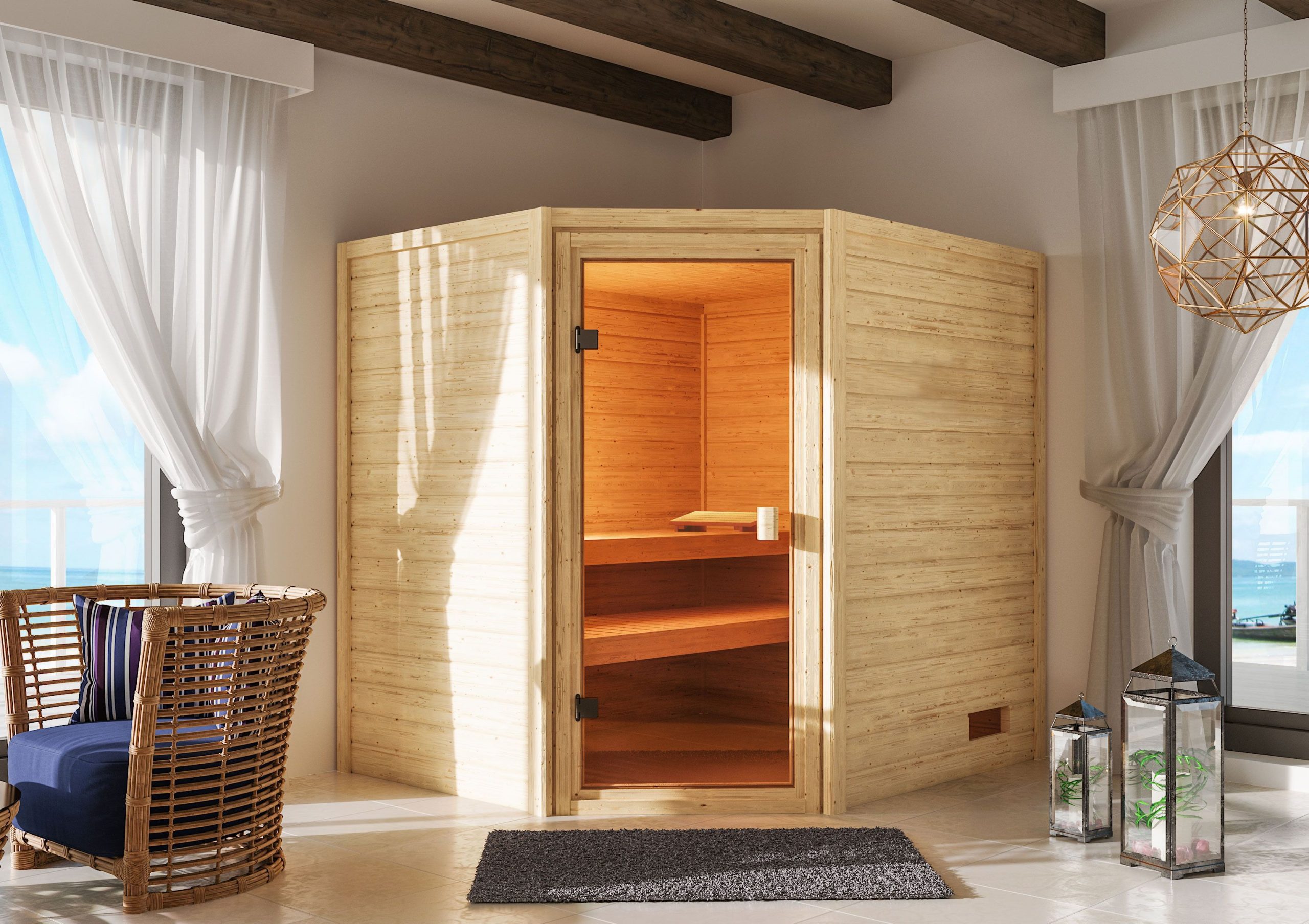 Karibu Woodfeeling Sauna Elea - 38 mm Bronzierte Ganzglastür Ohne Dachkranz 9 kW Bio-Kombiofen inkl. Steuergerät - Gallery 2 Karibu Woodfeeling Sauna Elea - 38 mm Bronzierte Ganzglastür Ohne Dachkranz 9 kW Bio-Kombiofen inkl. Steuergerät