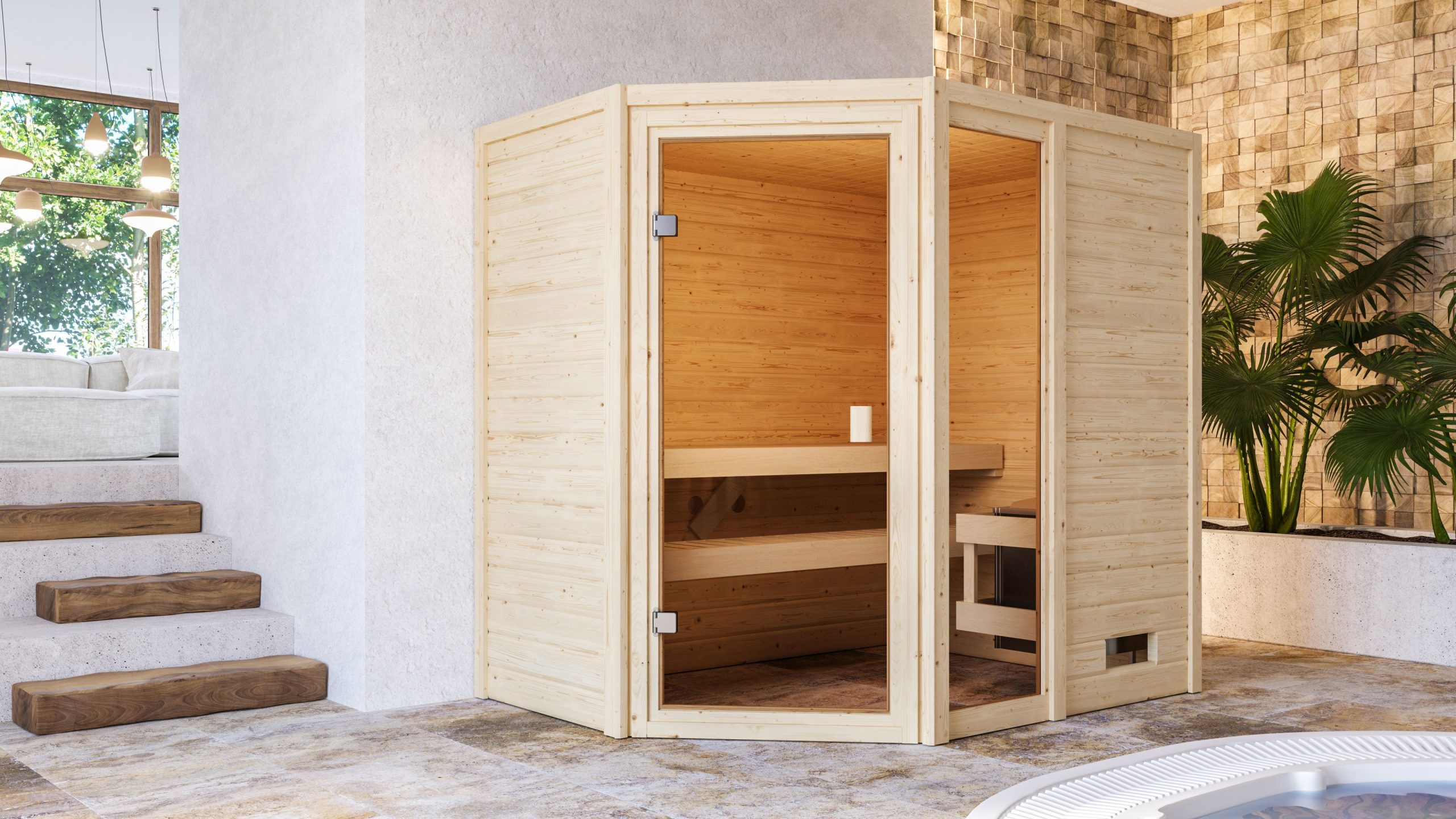 Karibu Woodfeeling Sauna Jada - 38 mm Bronzierte Ganzglastür Inkl. Dachkranz 9 kW Ofen integr. Steuerung - Gallery 3 Karibu Woodfeeling Sauna Jada - 38 mm Bronzierte Ganzglastür Inkl. Dachkranz 9 kW Ofen integr. Steuerung