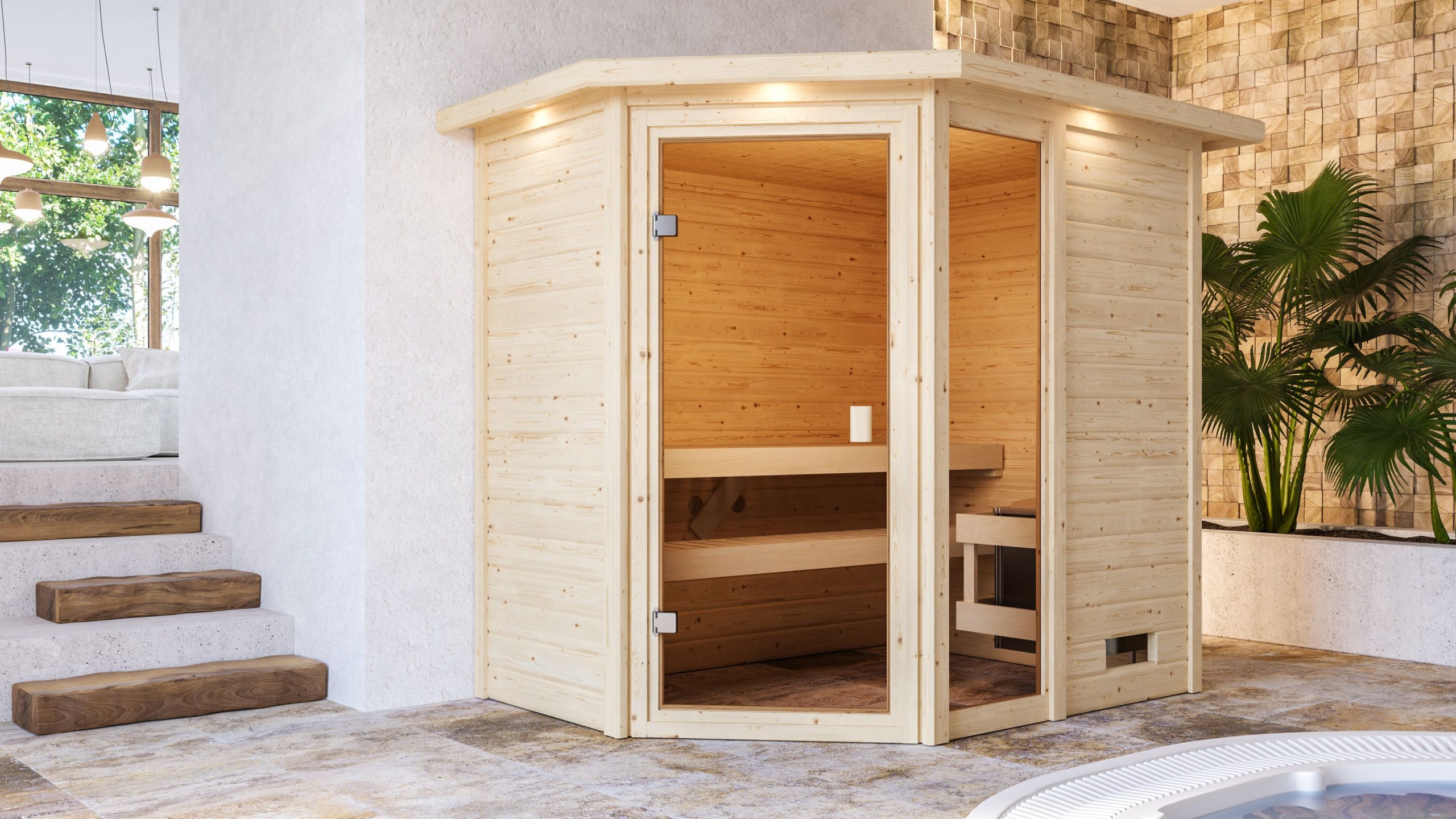 Karibu Woodfeeling Sauna Jada - 38 mm Bronzierte Ganzglastür Inkl. Dachkranz 9 kW Ofen integr. Steuerung - Gallery 2 Karibu Woodfeeling Sauna Jada - 38 mm Bronzierte Ganzglastür Inkl. Dachkranz 9 kW Ofen integr. Steuerung