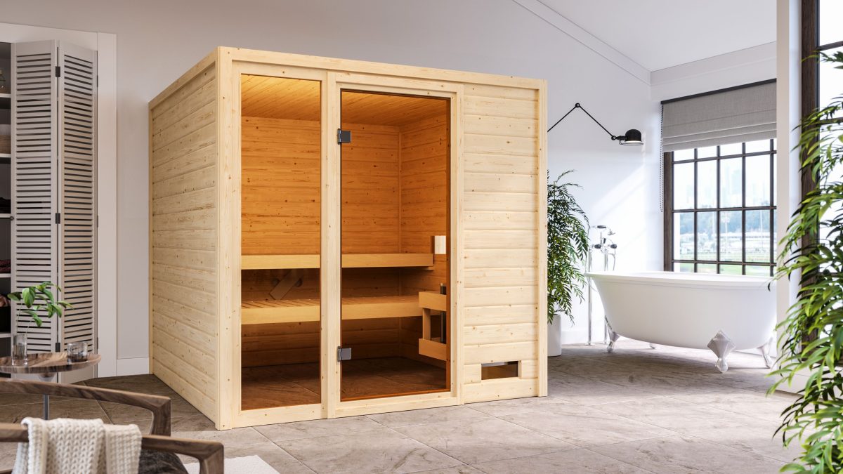 Karibu Woodfeeling Sauna Jutta – 38 mm Bronzierte Ganzglastür Ohne Dachkranz 9 kW Ofen integr. Steuerung - Gallery 2 Karibu Woodfeeling Sauna Jutta – 38 mm Bronzierte Ganzglastür Ohne Dachkranz 9 kW Ofen integr. Steuerung
