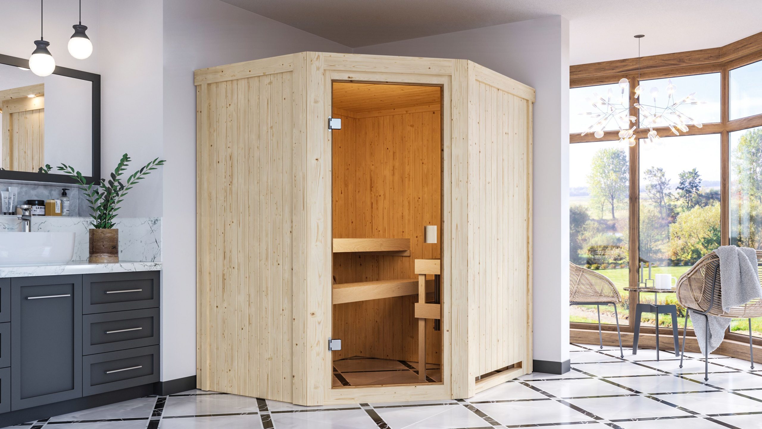 Karibu Woodfeeling Sauna Faurin - 68 mm Aktionssauna Bronzierte Ganzglastür Ohne Dachkranz 9 kW Ofen integr. Steuerung - Gallery 2 Karibu Woodfeeling Sauna Faurin - 68 mm Aktionssauna Bronzierte Ganzglastür Ohne Dachkranz 9 kW Ofen integr. Steuerung