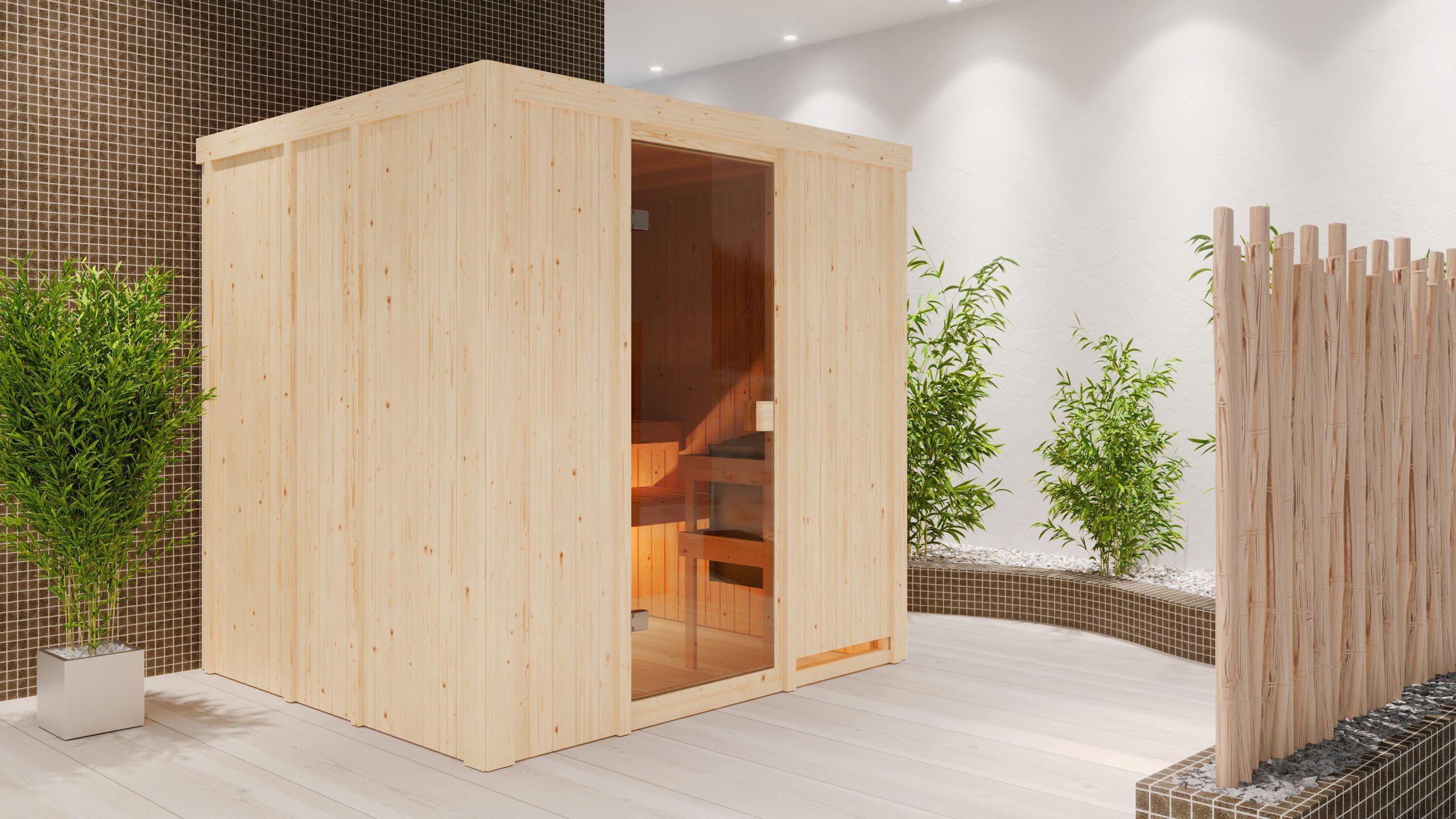 Karibu Woodfeeling Sauna Tromsö - 68 mm Aktionssauna Bronzierte Ganzglastür Ohne Dachkranz Ohne Ofen - Gallery 2 Karibu Woodfeeling Sauna Tromsö - 68 mm Aktionssauna Bronzierte Ganzglastür Ohne Dachkranz Ohne Ofen