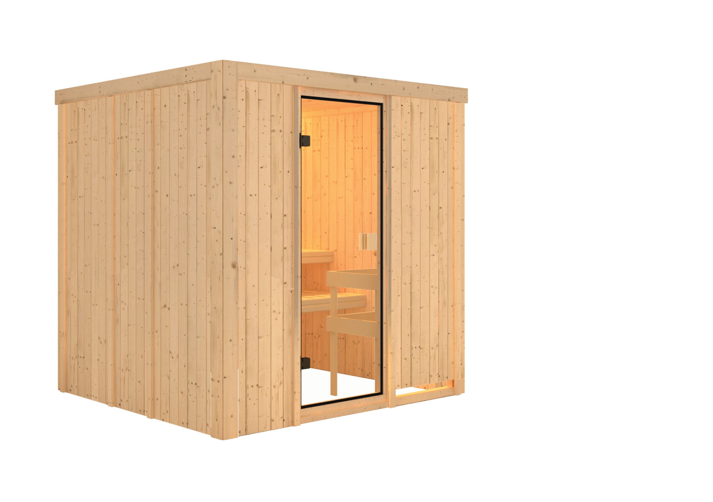 Karibu Woodfeeling Sauna Tromsö - 68 mm Aktionssauna Bronzierte Ganzglastür Ohne Dachkranz Ohne Ofen - Gallery 1 Karibu Woodfeeling Sauna Tromsö - 68 mm Aktionssauna Bronzierte Ganzglastür Ohne Dachkranz Ohne Ofen