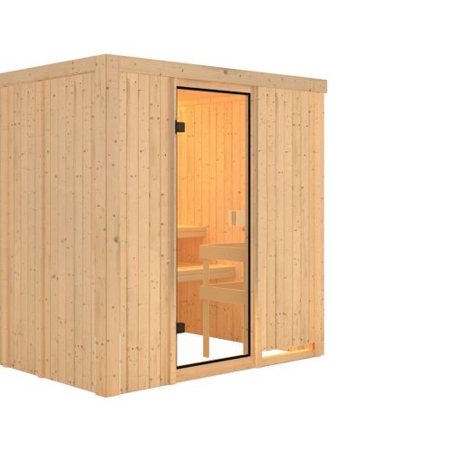 Karibu Woodfeeling Sauna Tromsö - 68 mm Aktionssauna Bronzierte Ganzglastür Ohne Dachkranz Ohne Ofen