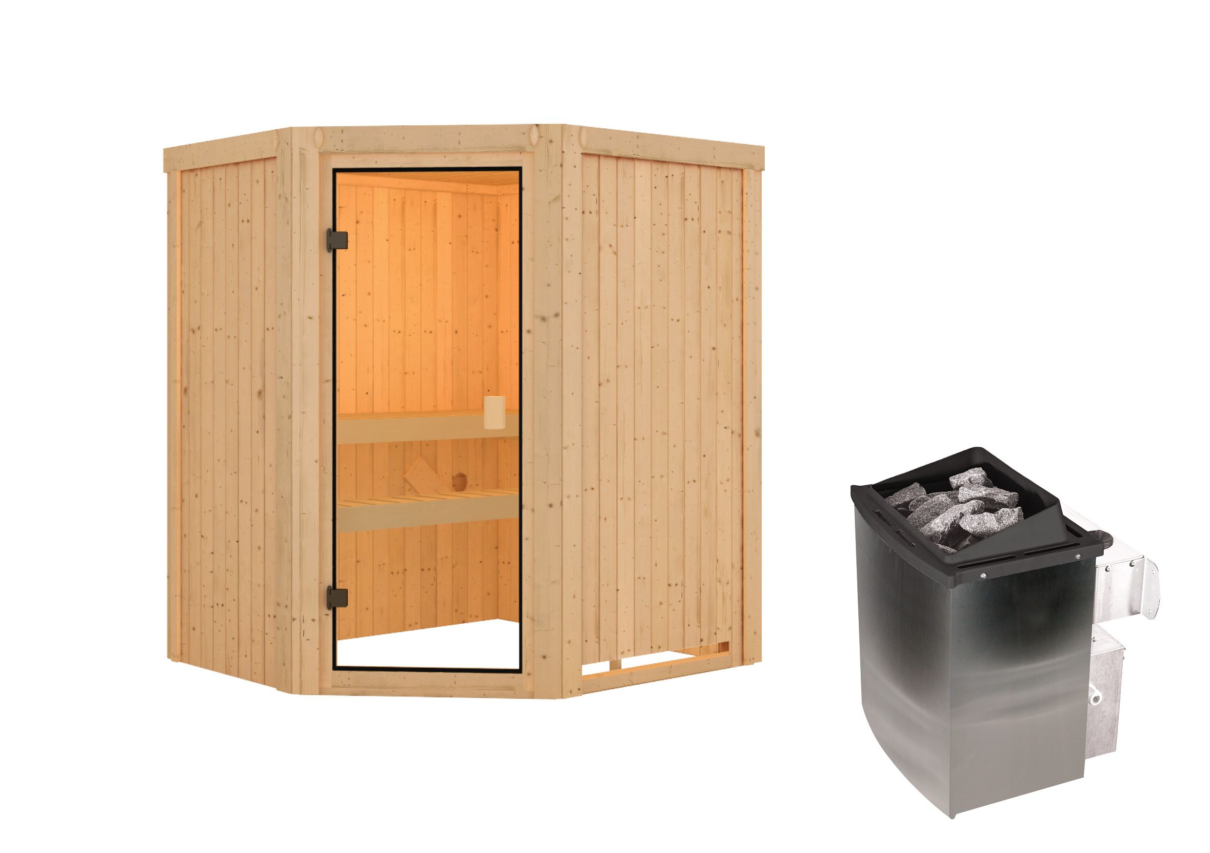 Karibu Woodfeeling Sauna Faurin - 68 mm Aktionssauna Bronzierte Ganzglastür Ohne Dachkranz 9 kW Ofen integr. Steuerung - Gallery 1 Karibu Woodfeeling Sauna Faurin - 68 mm Aktionssauna Bronzierte Ganzglastür Ohne Dachkranz 9 kW Ofen integr. Steuerung