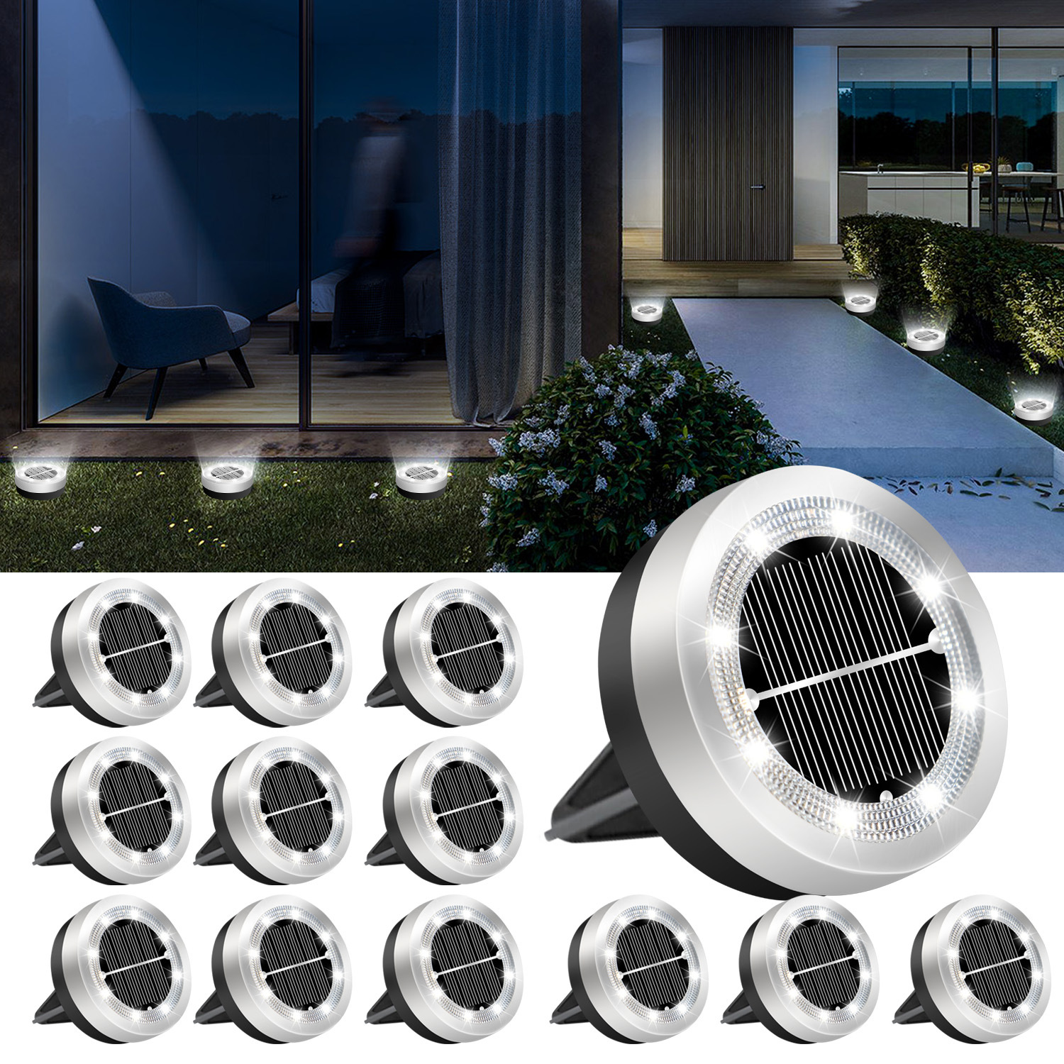 12er-pack Solar-bodenleuchten, 8 Led-solar-gartenleuchten, Wasserdichter Solar-außenstrahler, Solarbeleuchtung Für Terrasse, Weg, Rasen, Hof, Pool [warmweiß] [energieklasse E]