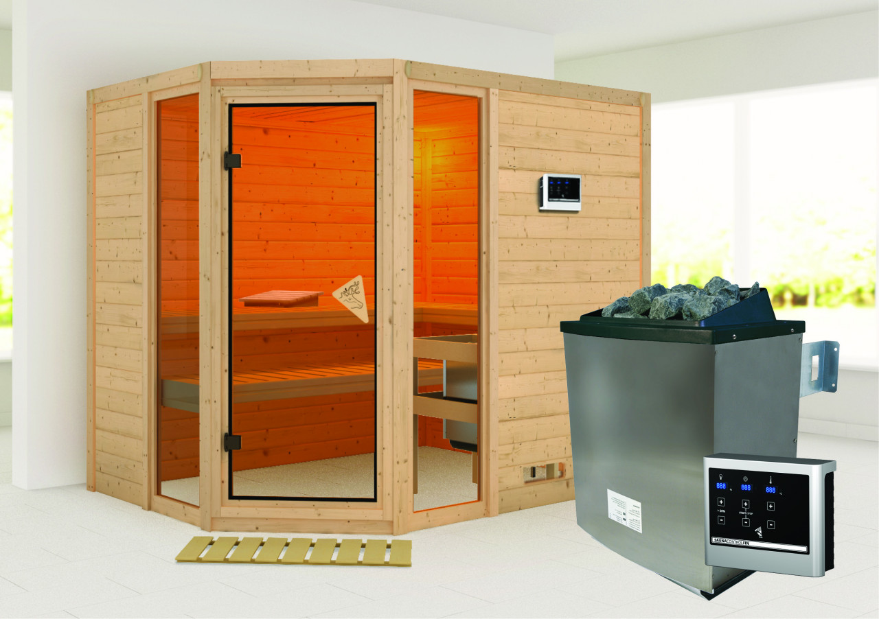 Massivholzsauna SINAI 236 x 184 m 38 mm 9.0 kW Ofen inkl. Steuergerät ohne Dachkranz Massivholzsauna SINAI 236 x 184 m 38 mm 9.0 kW Ofen inkl. Steuergerät ohne Dachkranz