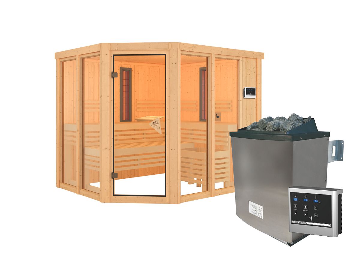 Karibu Multifunktions-Sauna Ava inkl. Infrarotstrahler mit Eckeinstieg 68 mm Ohne Dachkranz 9 kW Ofen inkl. Steuergerät Karibu Multifunktions-Sauna Ava inkl. Infrarotstrahler mit Eckeinstieg 68 mm Ohne Dachkranz 9 kW Ofen inkl. Steuergerät