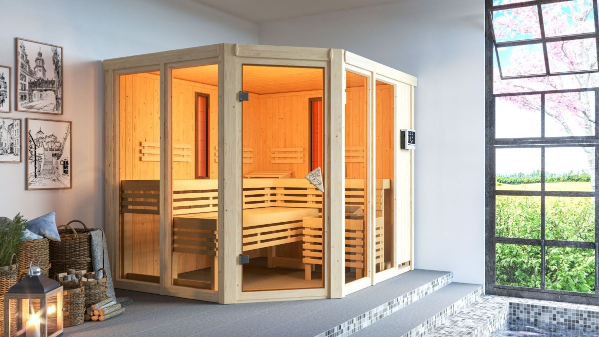 Karibu Multifunktions-Sauna Ava inkl. Infrarotstrahler mit Eckeinstieg 68 mm Ohne Dachkranz 9 kW Ofen inkl. Steuergerät - Gallery 3 Karibu Multifunktions-Sauna Ava inkl. Infrarotstrahler mit Eckeinstieg 68 mm Ohne Dachkranz 9 kW Ofen inkl. Steuergerät