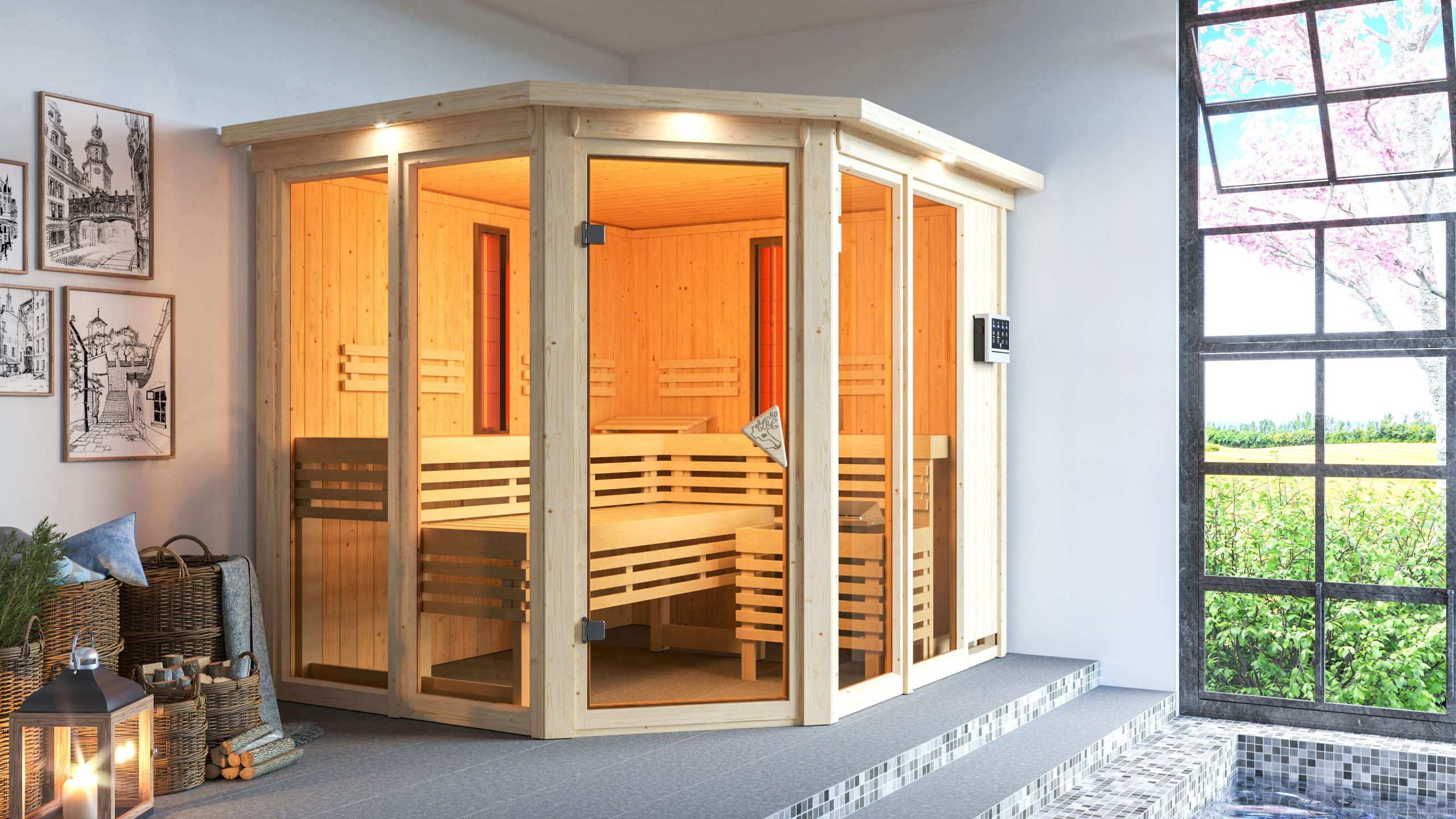 Karibu Multifunktions-Sauna Ava inkl. Infrarotstrahler mit Eckeinstieg 68 mm Ohne Dachkranz 9 kW Ofen inkl. Steuergerät - Gallery 2 Karibu Multifunktions-Sauna Ava inkl. Infrarotstrahler mit Eckeinstieg 68 mm Ohne Dachkranz 9 kW Ofen inkl. Steuergerät