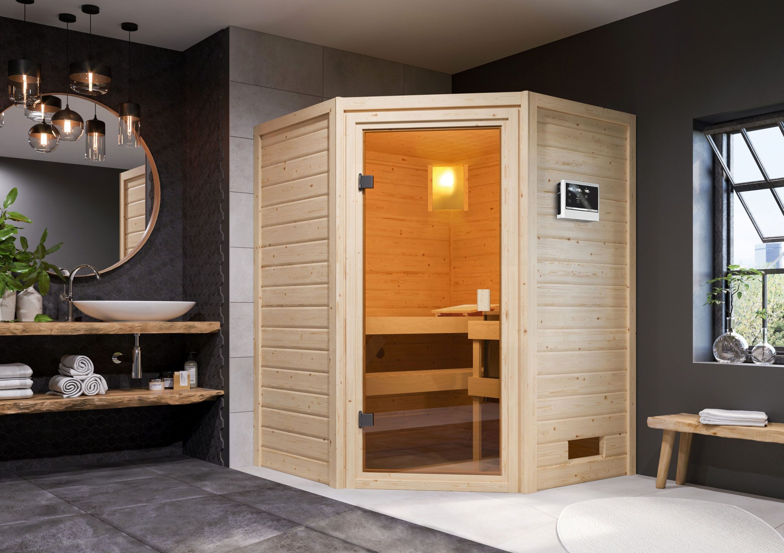 Karibu Woodfeeling Sauna Antonia - 38 mm Bronzierte Ganzglastür Inkl. Dachkranz 3,6 kW Plug&Play Bio-Kombiofen inkl. Steuergerät - Gallery 2 Karibu Woodfeeling Sauna Antonia - 38 mm Bronzierte Ganzglastür Inkl. Dachkranz 3,6 kW Plug&Play Bio-Kombiofen inkl. Steuergerät